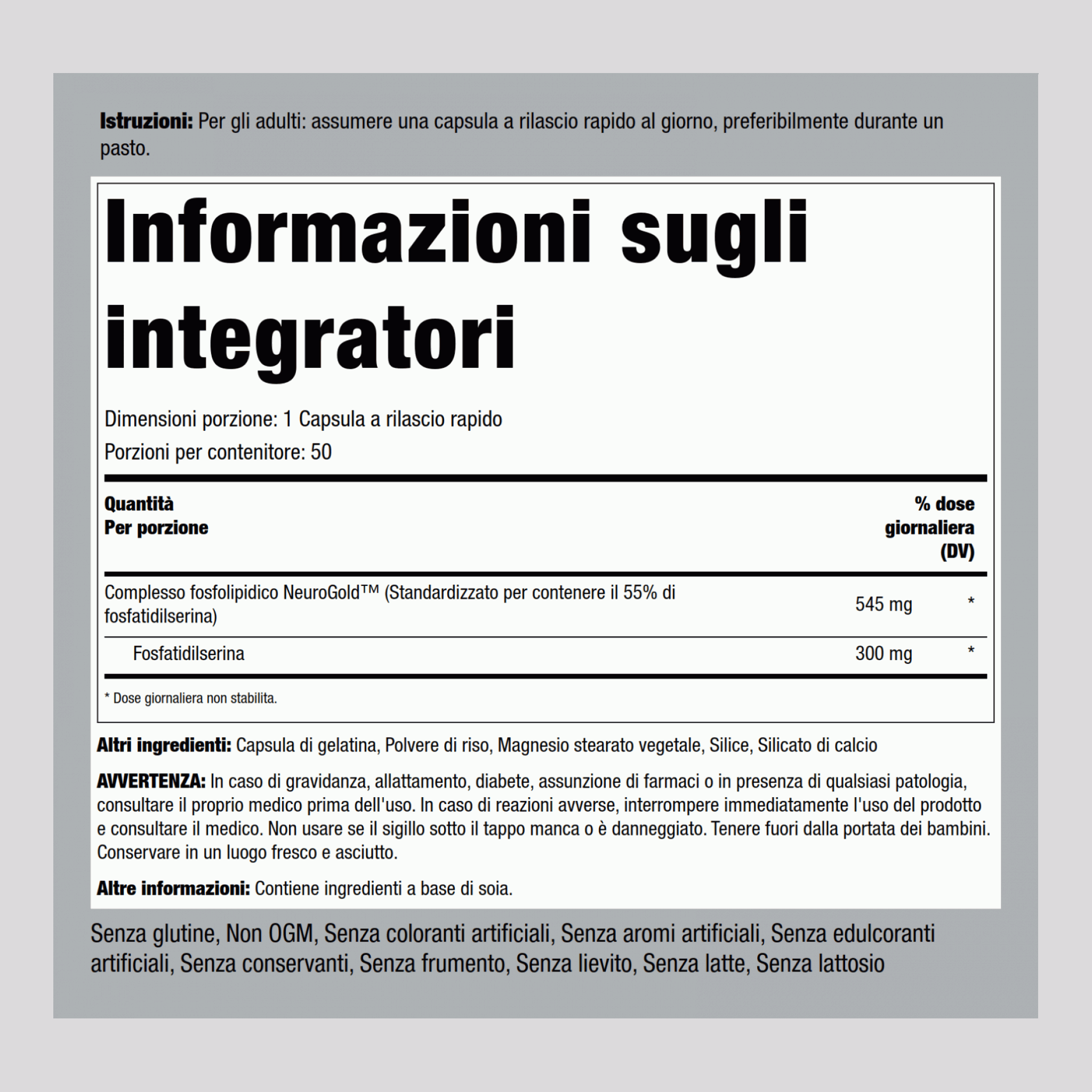 Fosfatidilserina NeuroGold  300 mg 50 Capsule a rilascio rapido     