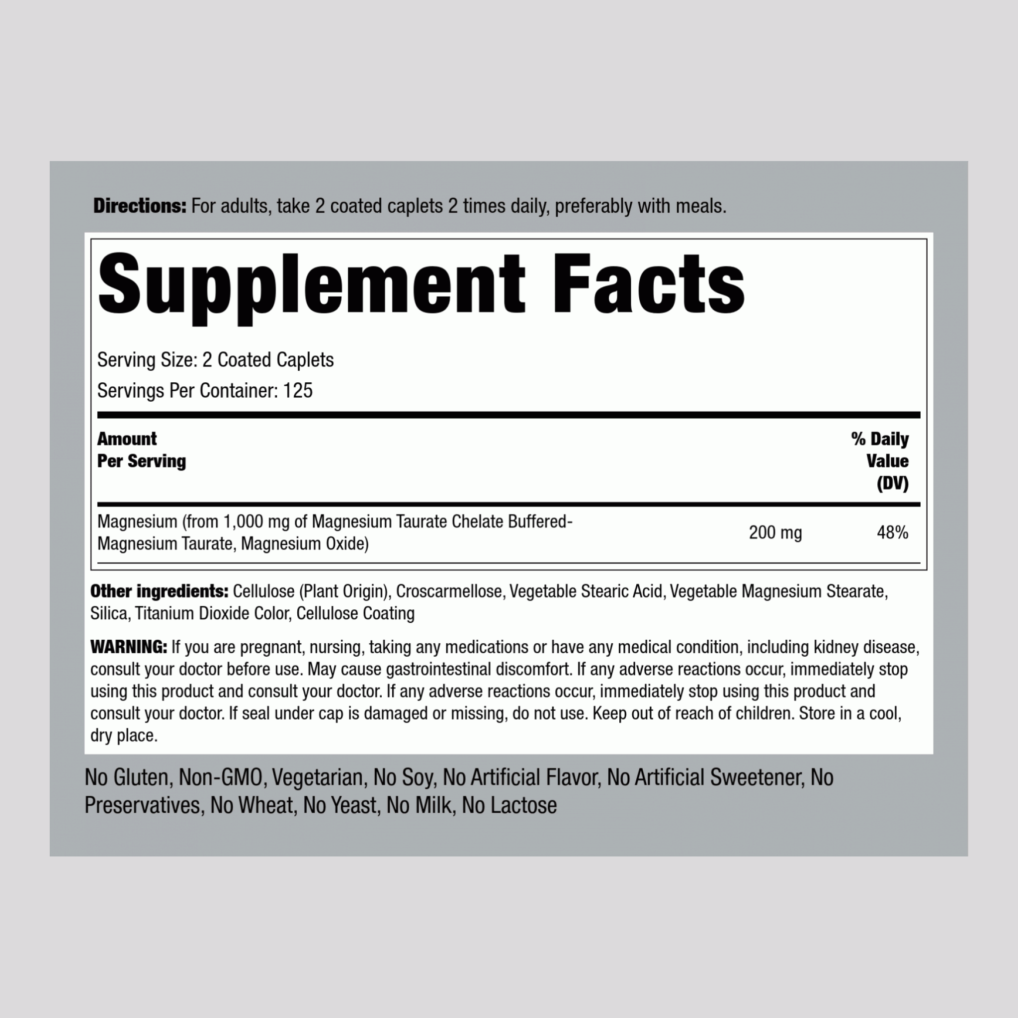 Magnesium Taurate, 1000 mg (per serving), 250 Coated Caplets