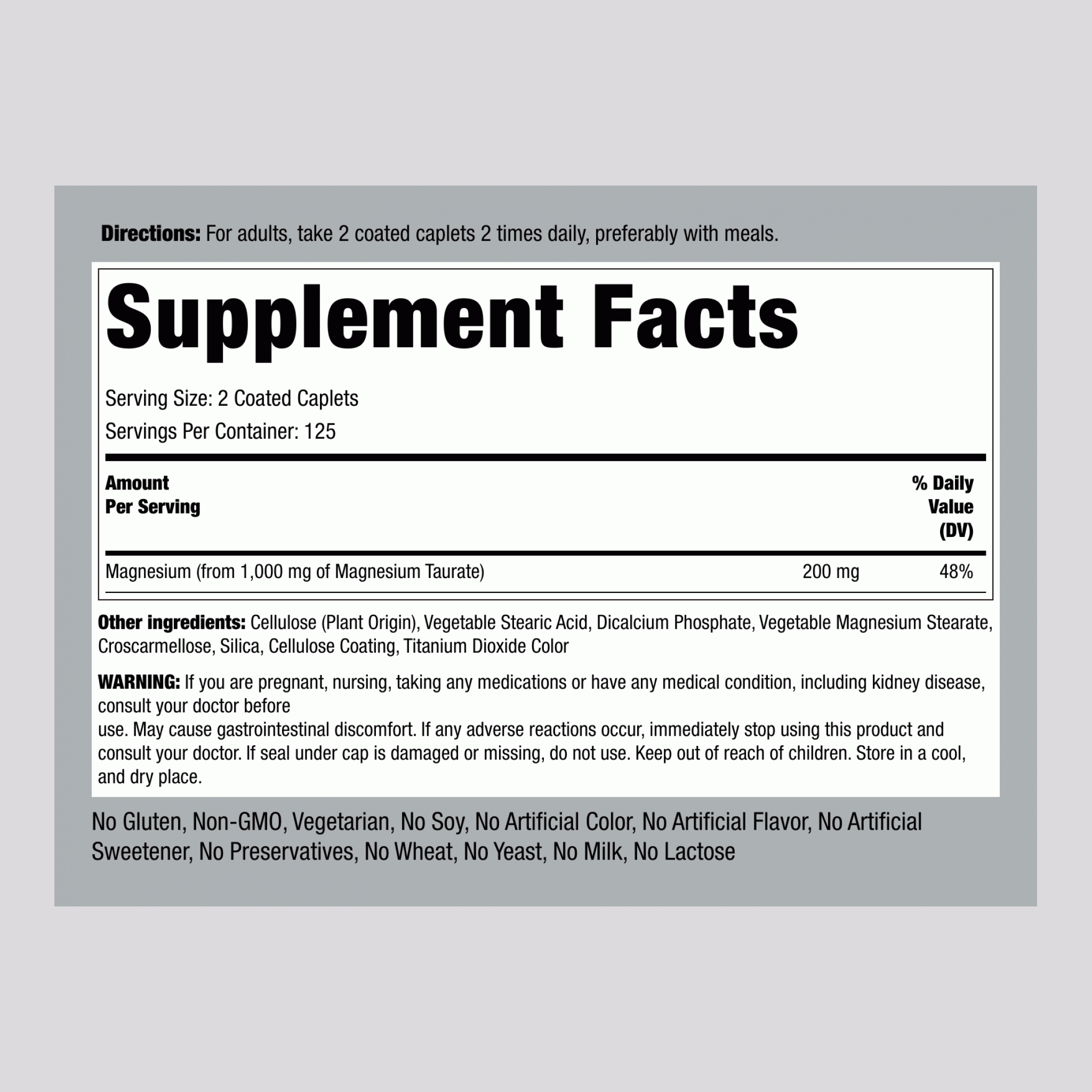 Magnesium Taurate, 1000 mg (per serving), 250 Coated Caplets, 2  Bottles