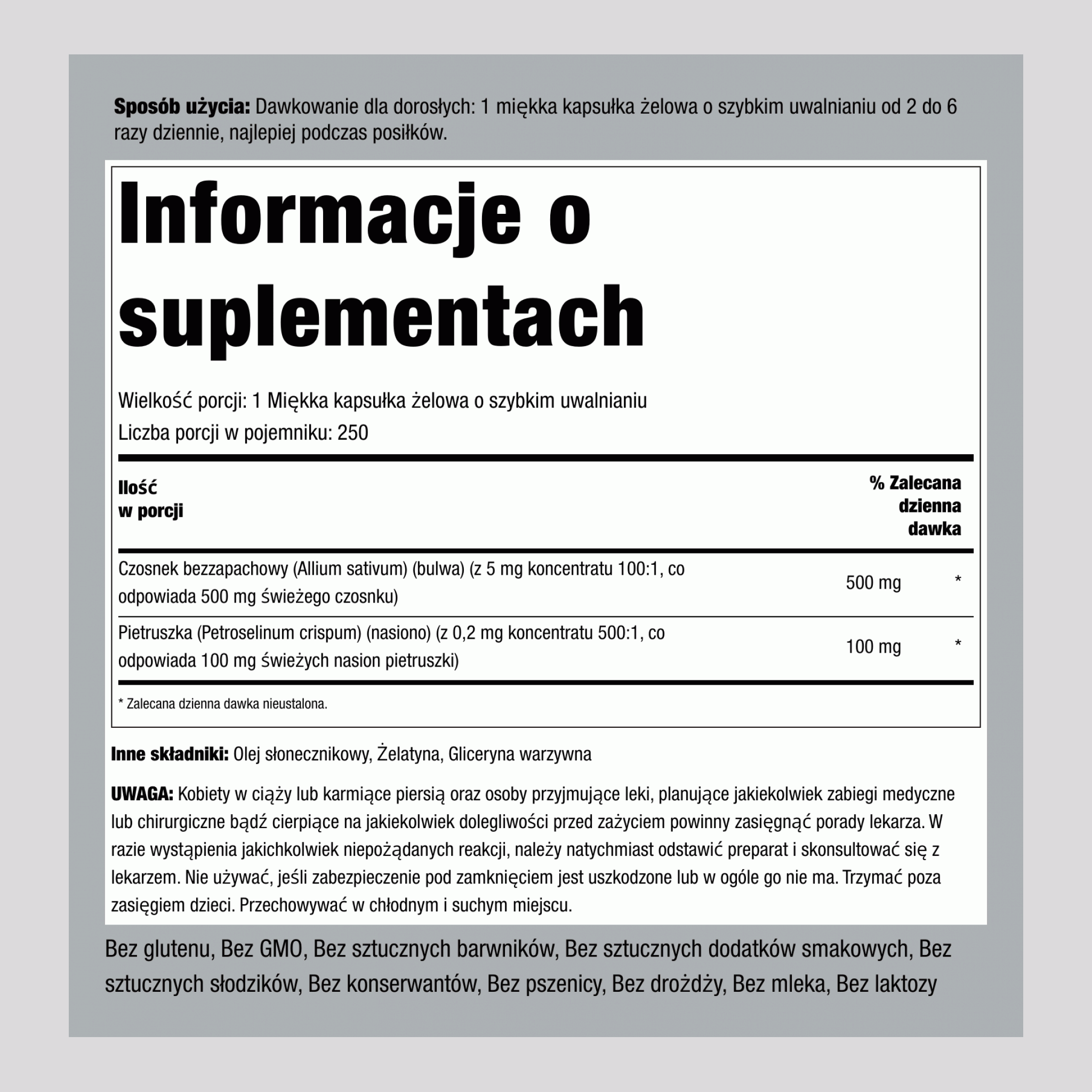Bezzapachowy czosnek i pietruszka 250 Miękkie kapsułki żelowe o szybkim uwalnianiu       