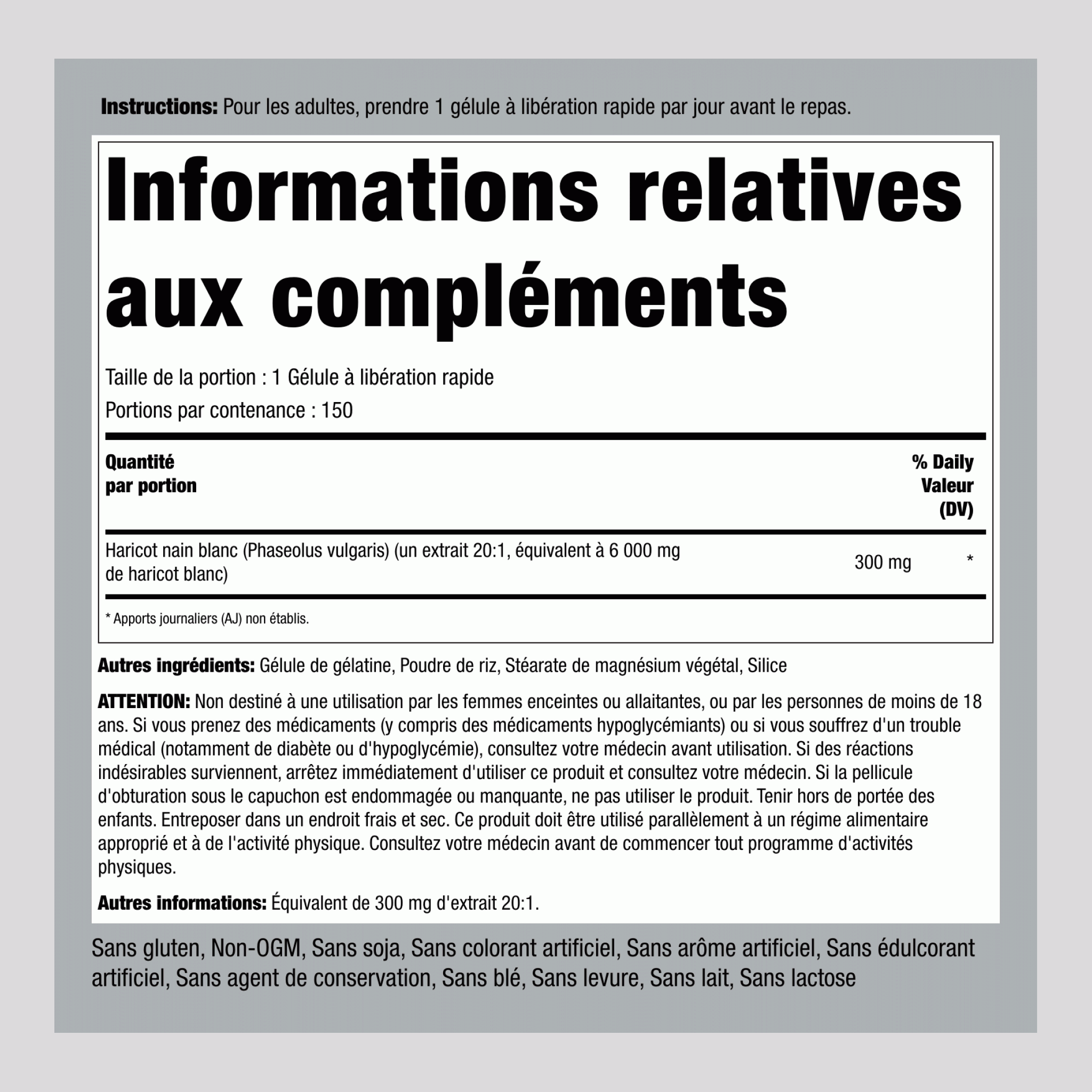 Haricot nain blanc 6000 mg 150 Gélules à libération rapide    