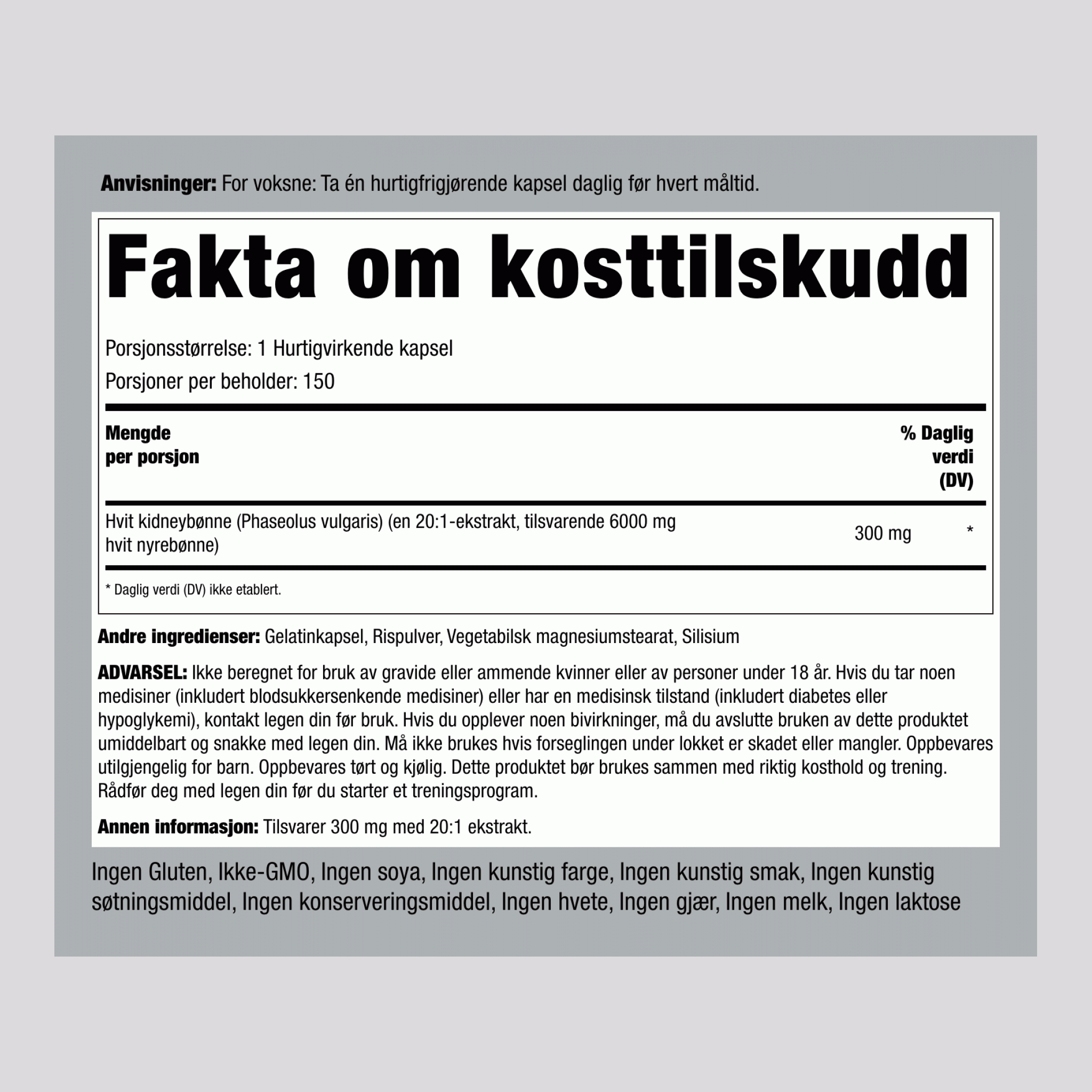 Hvit kidneybønne 6000 mg 150 Hurtigvirkende kapsler 2 Flasker   