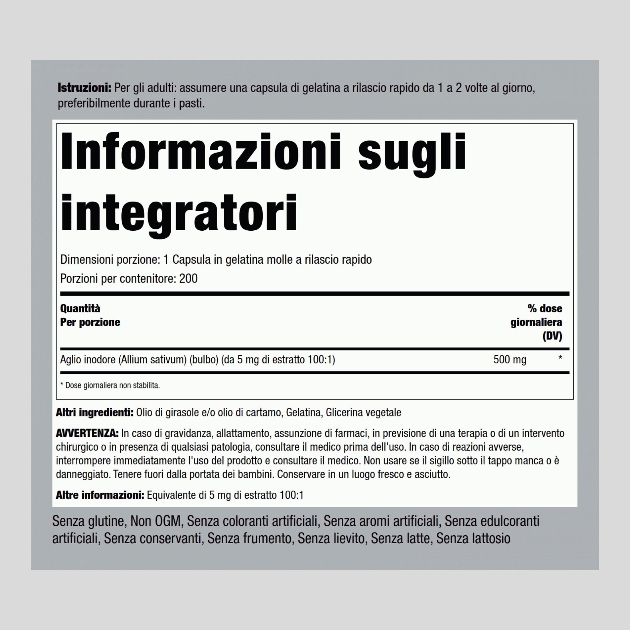 Aglio inodore  500 mg 200 Capsule in gelatina molle a rilascio rapido     