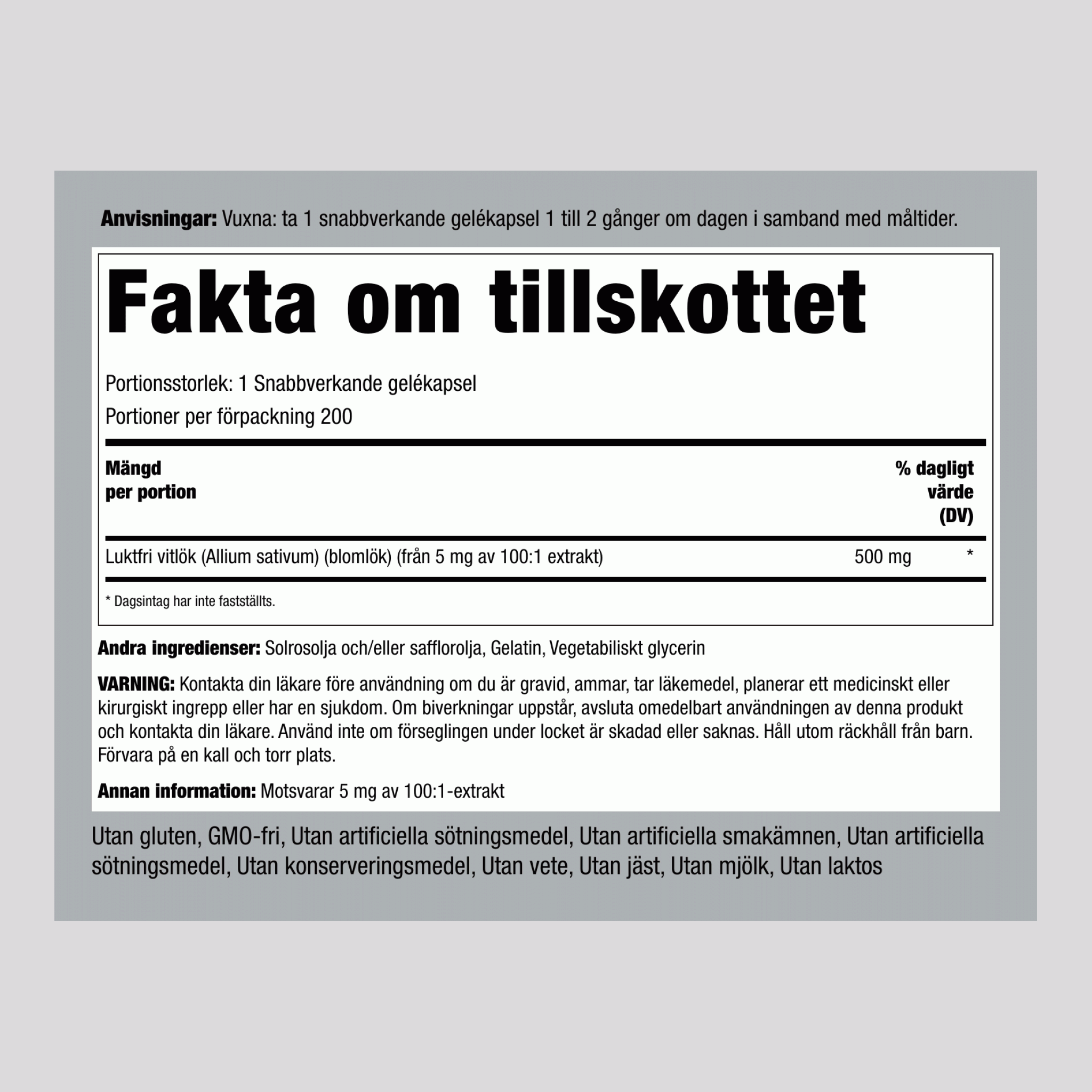 Luktfri vitlök  500 mg 200 Snabbverkande gelékapslar     