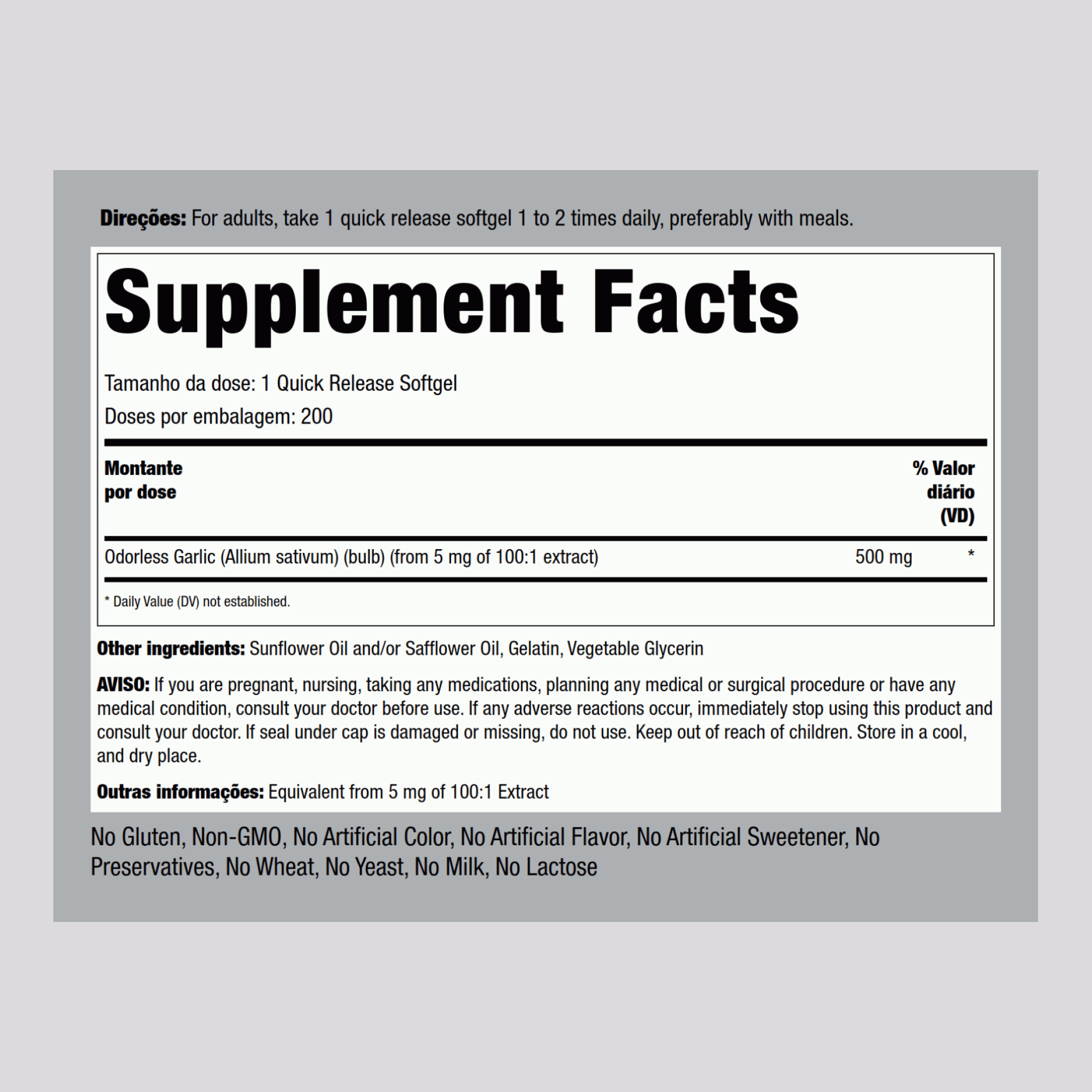 Alho inodoro  500 mg 200 Gels de Rápida Absorção     