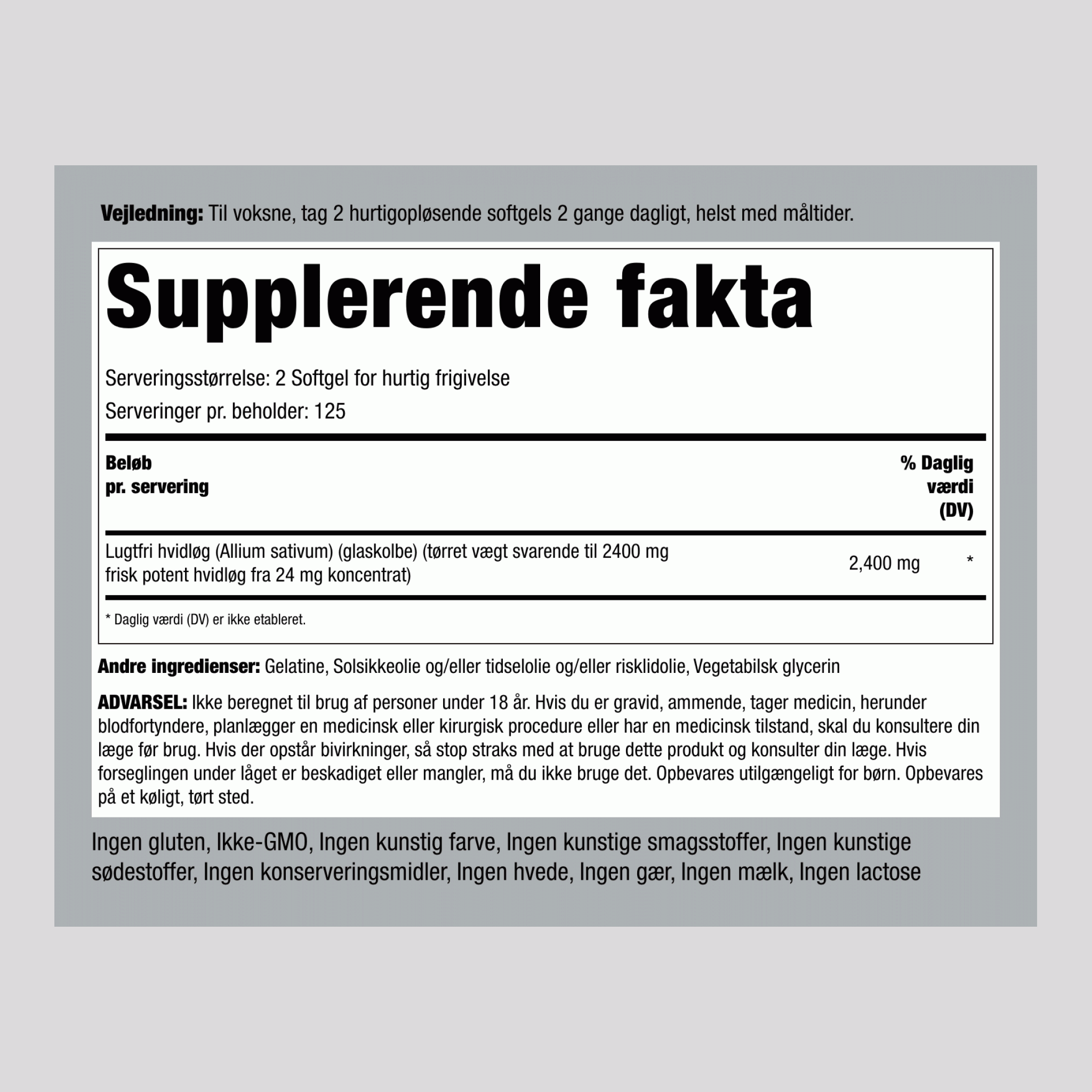 Lugtfri hvidløg  2400 mg (pr. dosering) 250 Softgel for hurtig frigivelse     