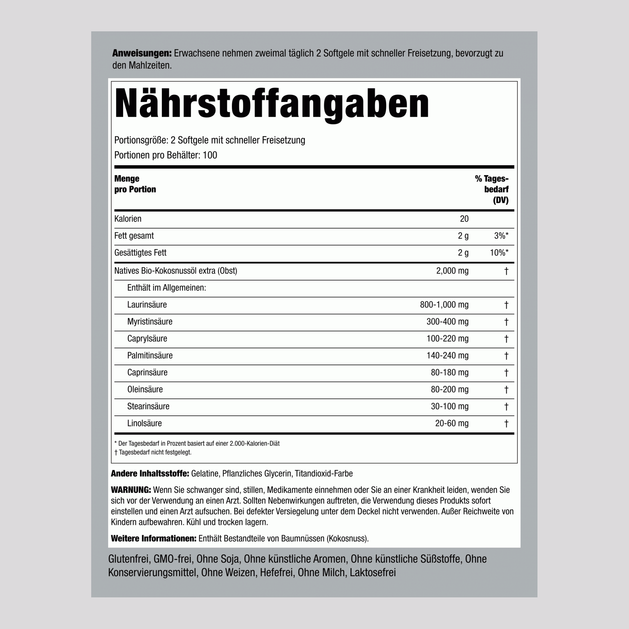 Bio-Kokosnussöl (Extra Vergine)  2000 mg (pro Portion) 200 Softgele mit schneller Freisetzung     