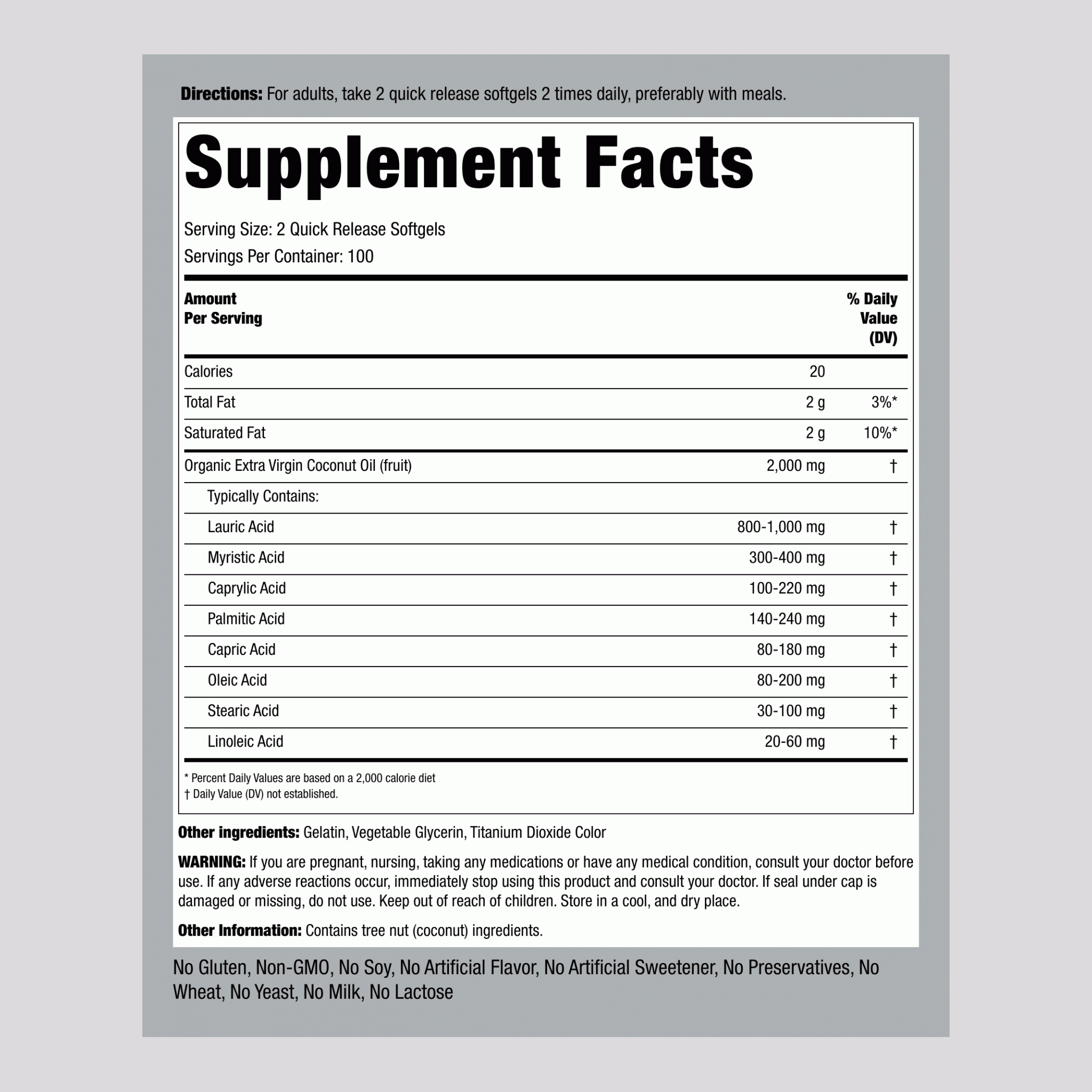 有機椰子油（特級初榨）軟膠囊  2000 毫克 (每份) 200 快速釋放軟膠囊     