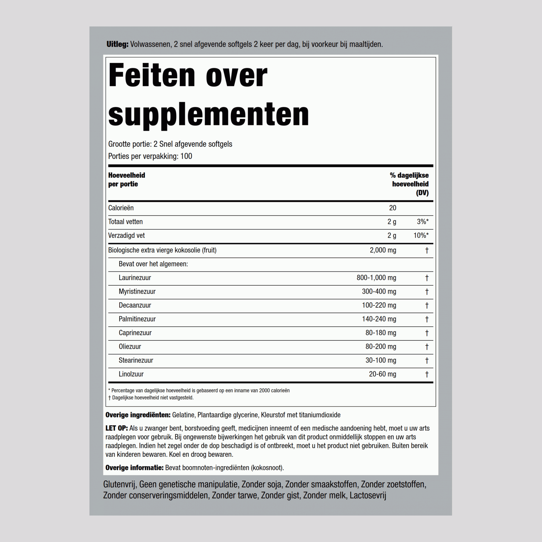 Biologische kokosolie (extra vierge)  2000 mg (per portie) 200 Snel afgevende softgels     