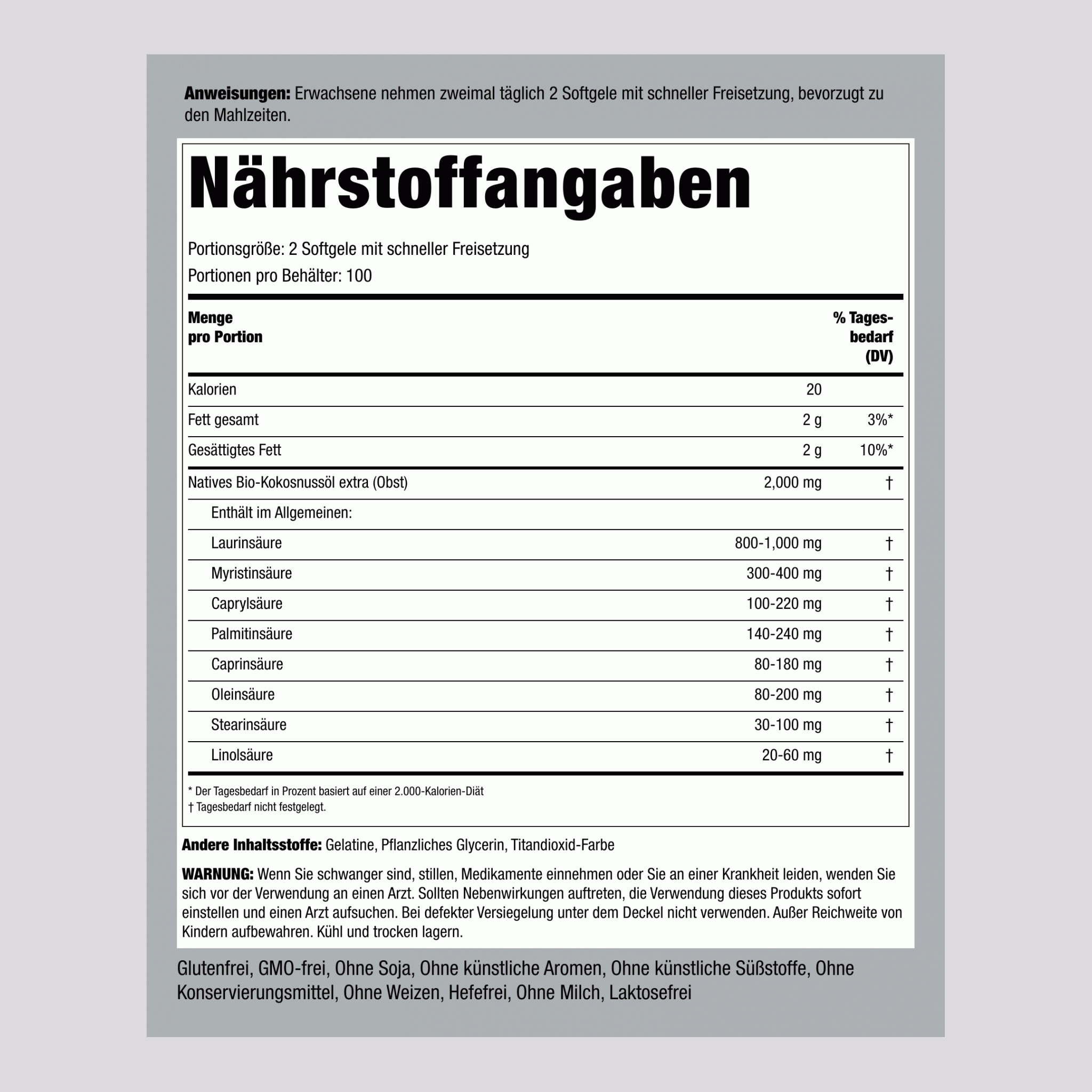 Bio-Kokosnussöl (Extra Vergine)  2000 mg (pro Portion) 200 Softgele mit schneller Freisetzung 2 Flaschen   