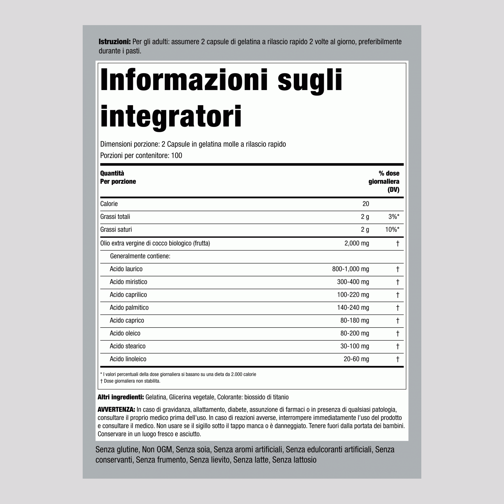 Olio di cocco biologico (Extra vergine)  2000 mg (per dose) 200 Capsule in gelatina molle a rilascio rapido 2 Bottiglie   