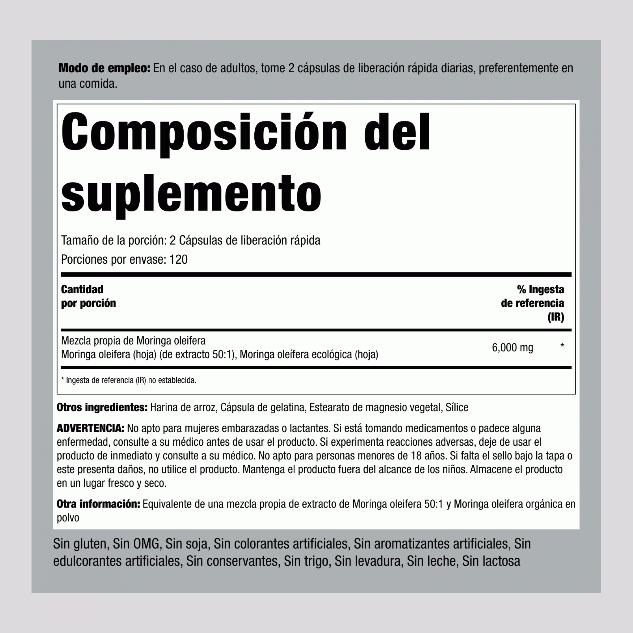 Moringa Oleifera 6000 mg (por porción) 240 Cápsulas de liberación rápida