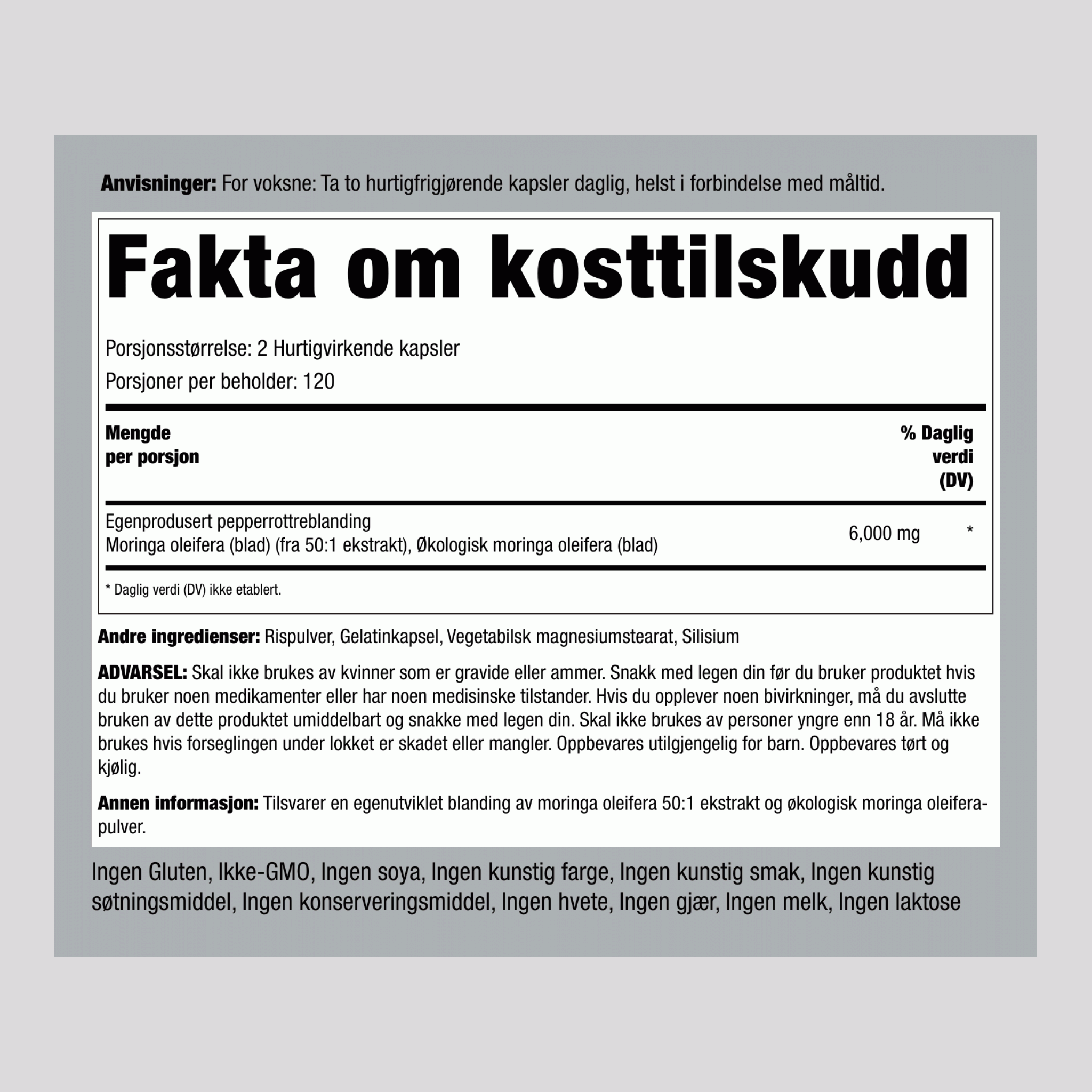 Moringa Oleifera 6000 mg (per dose) 240 Hurtigvirkende kapsler    