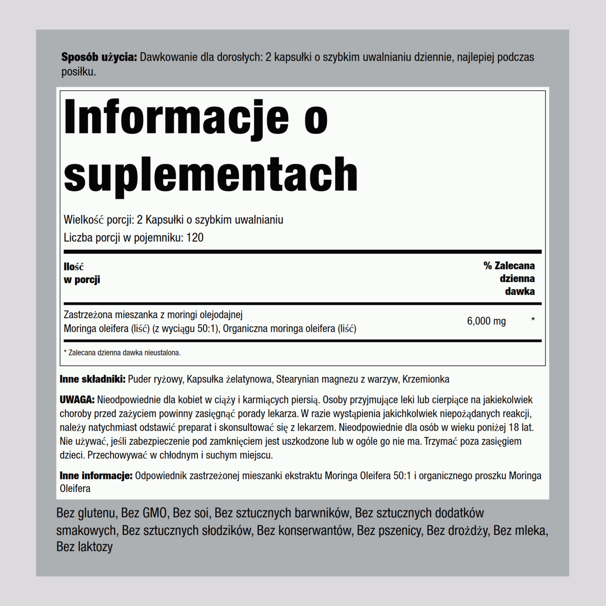 Moringa olejodajna 6000 mg (na porcję) 240 Kapsułki o szybkim uwalnianiu    