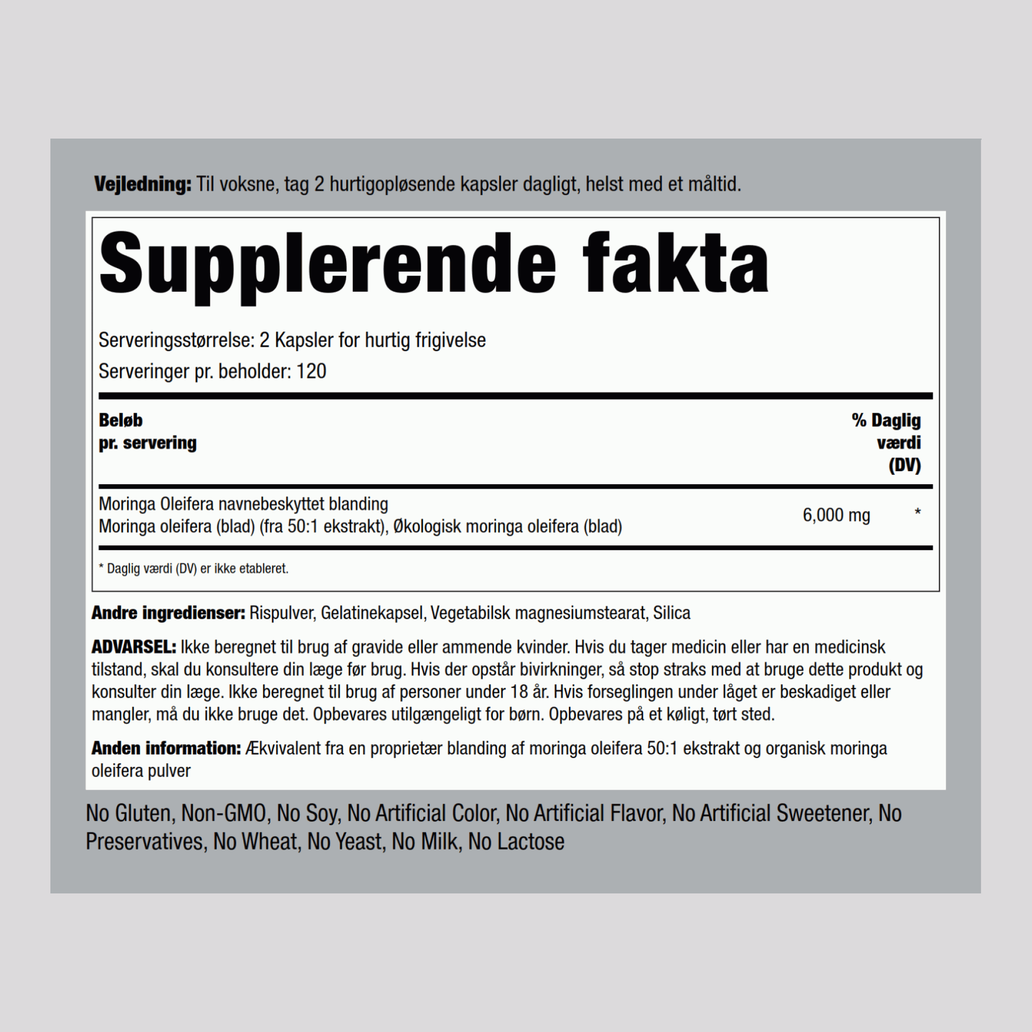 Moringa Oleifera 6000 mg (pr. dosering) 180 Kapsler for hurtig frigivelse     