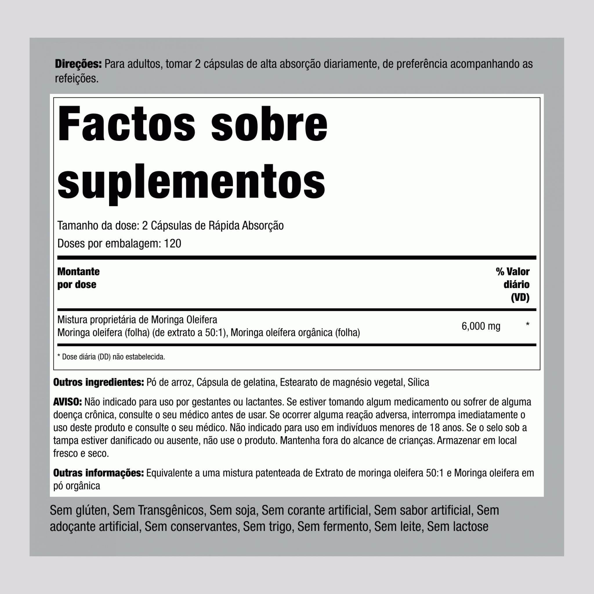 Moringa Oleifera 6000 mg (por dose) 240 Cápsulas de Rápida Absorção 2 Frascos   