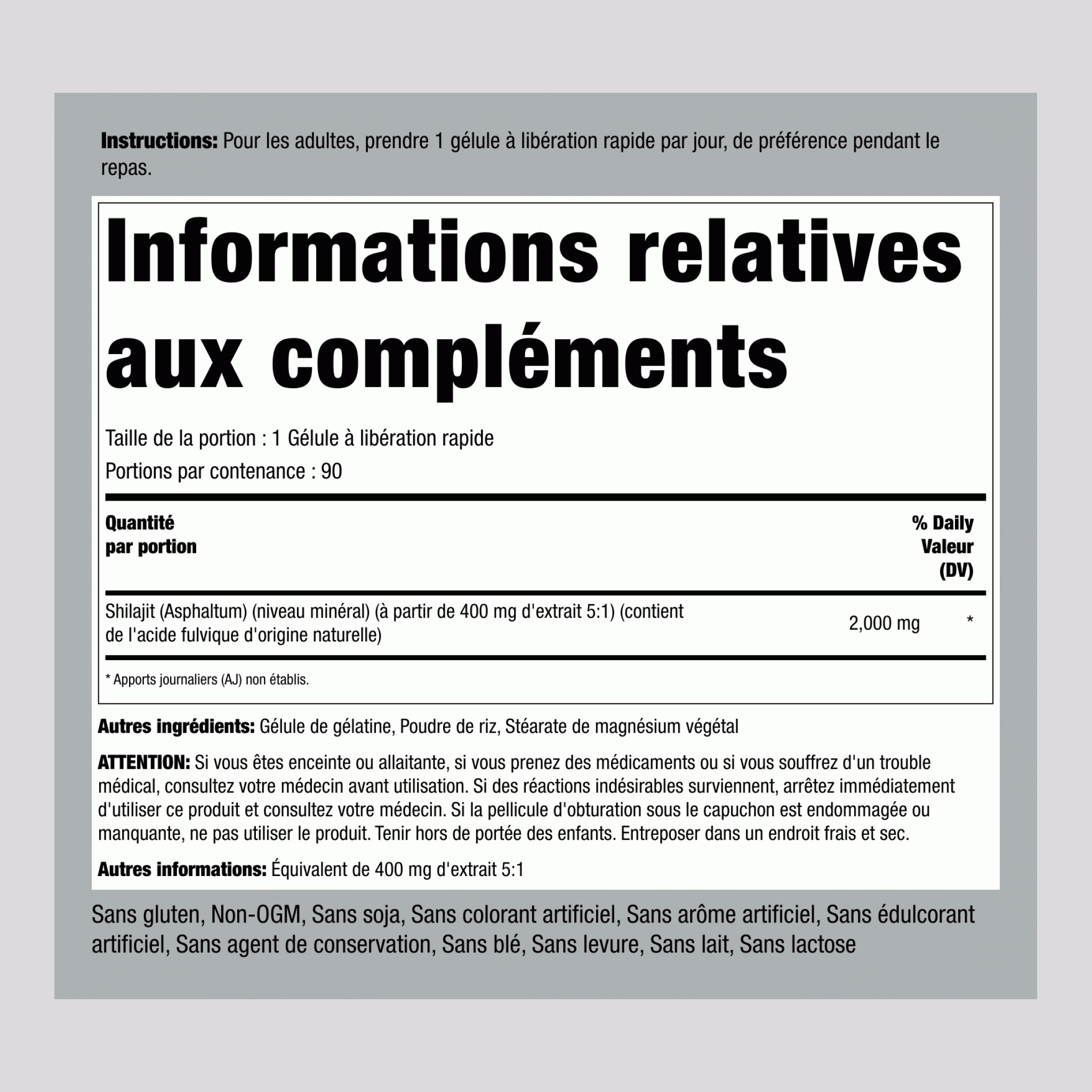Extrait de Shilajit,  2000 mg 90 Gélules à libération rapide 2 Bouteilles