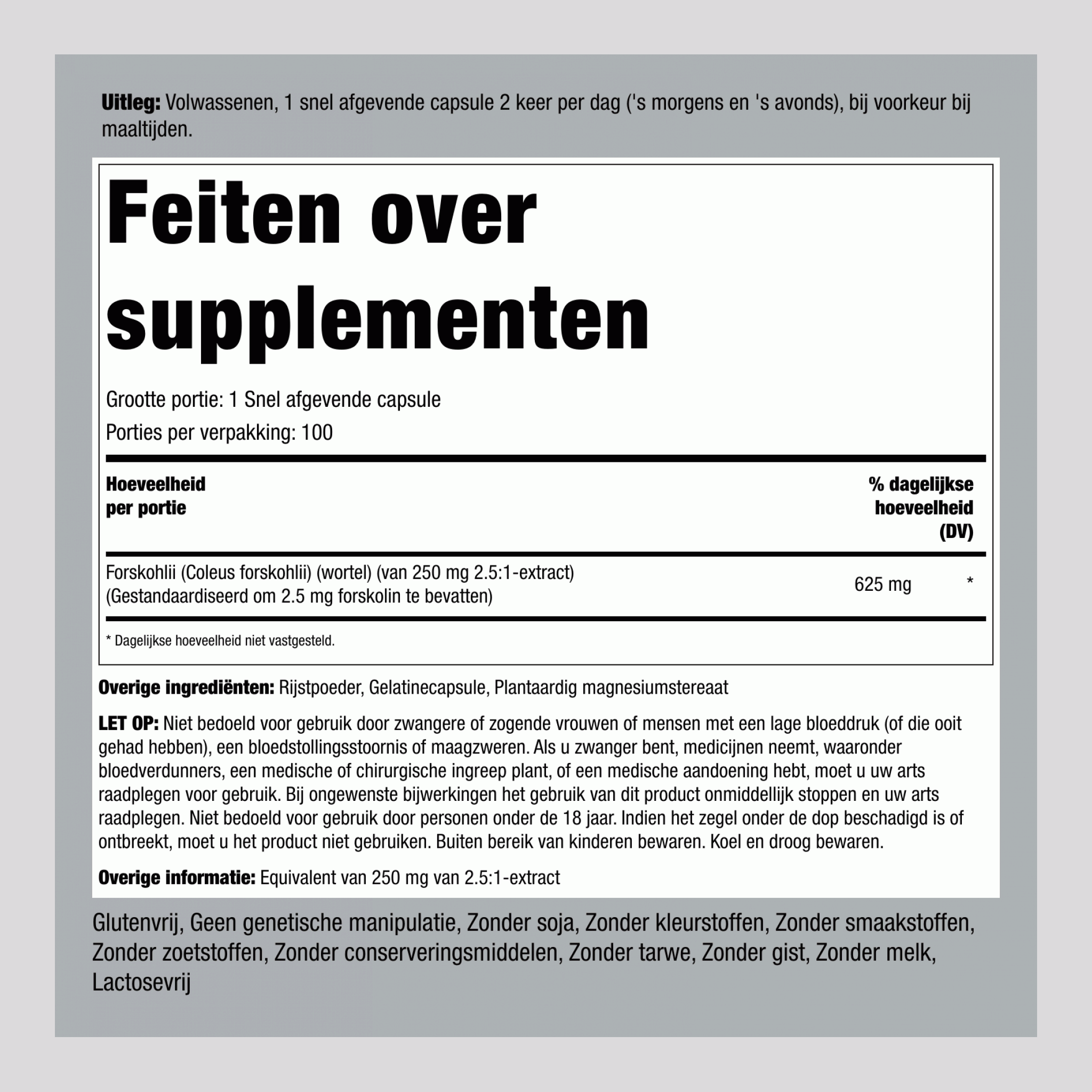 Forskohlii Coleus (gestandaardiseerd extract) 625 mg 100 Snel afgevende capsules     