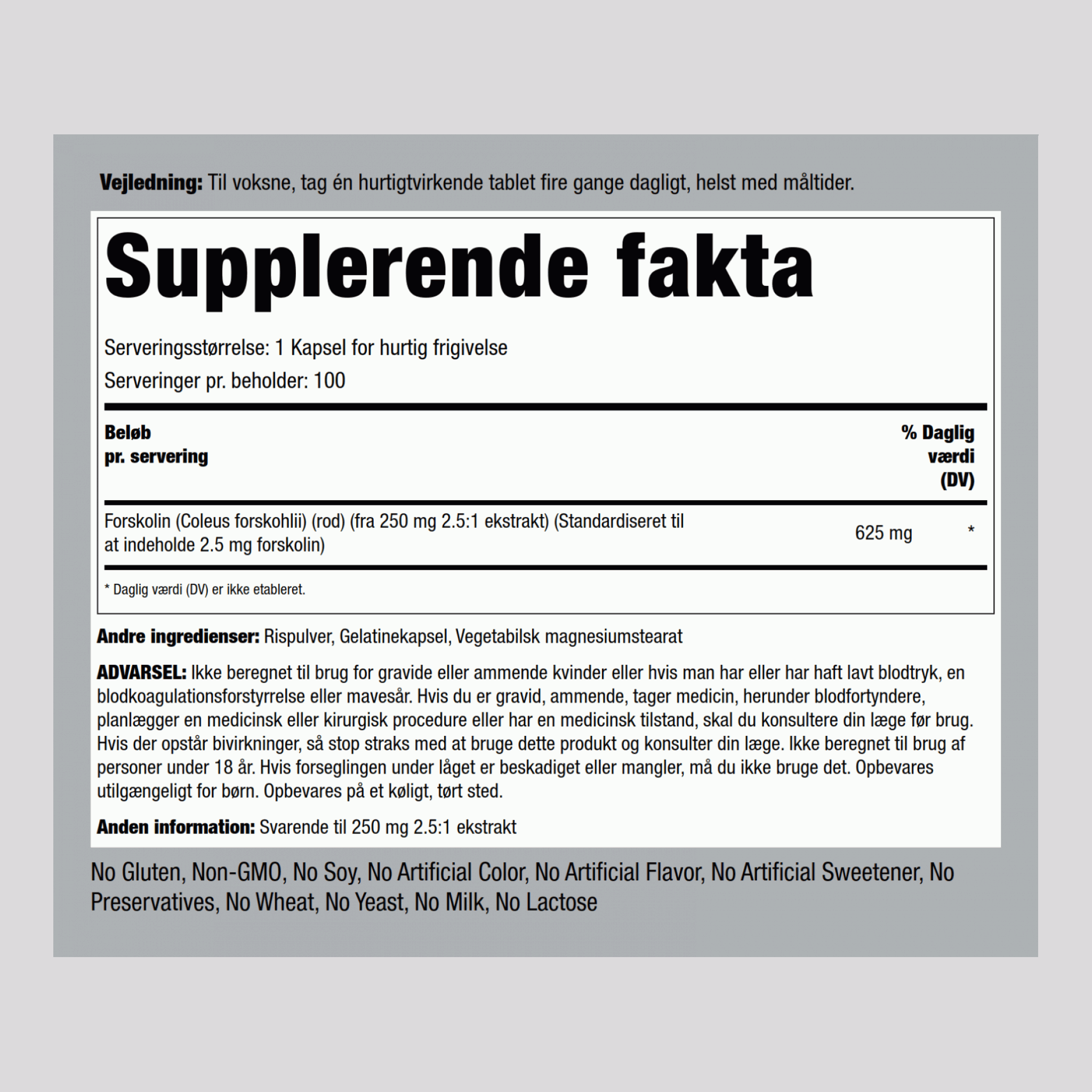Forskolin-coleus (standardiseret ekstrakt) 625 mg 100 Kapsler for hurtig frigivelse     