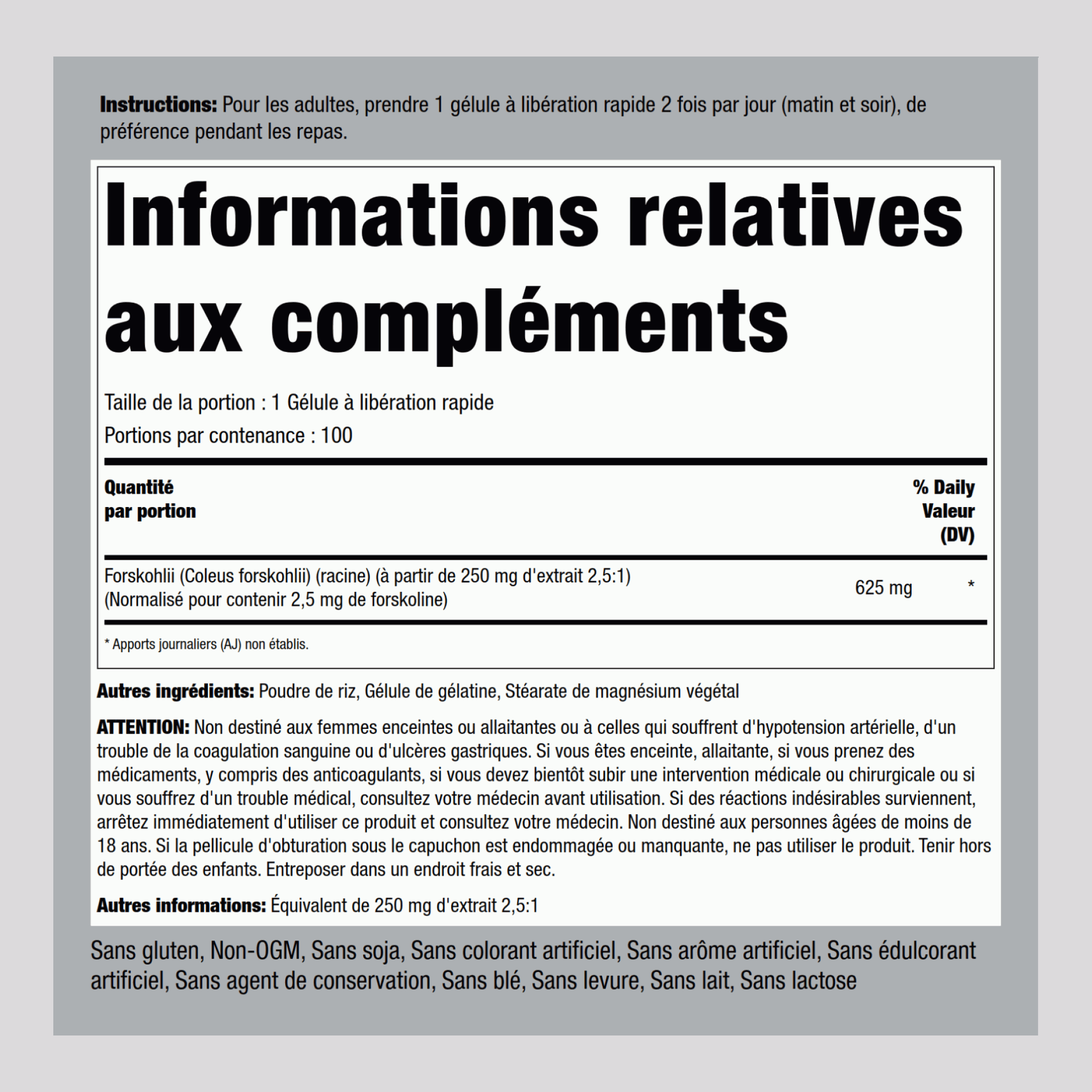 Forskohlii Coleus (Extrait normalisé) 625 mg 100 Gélules à libération rapide     