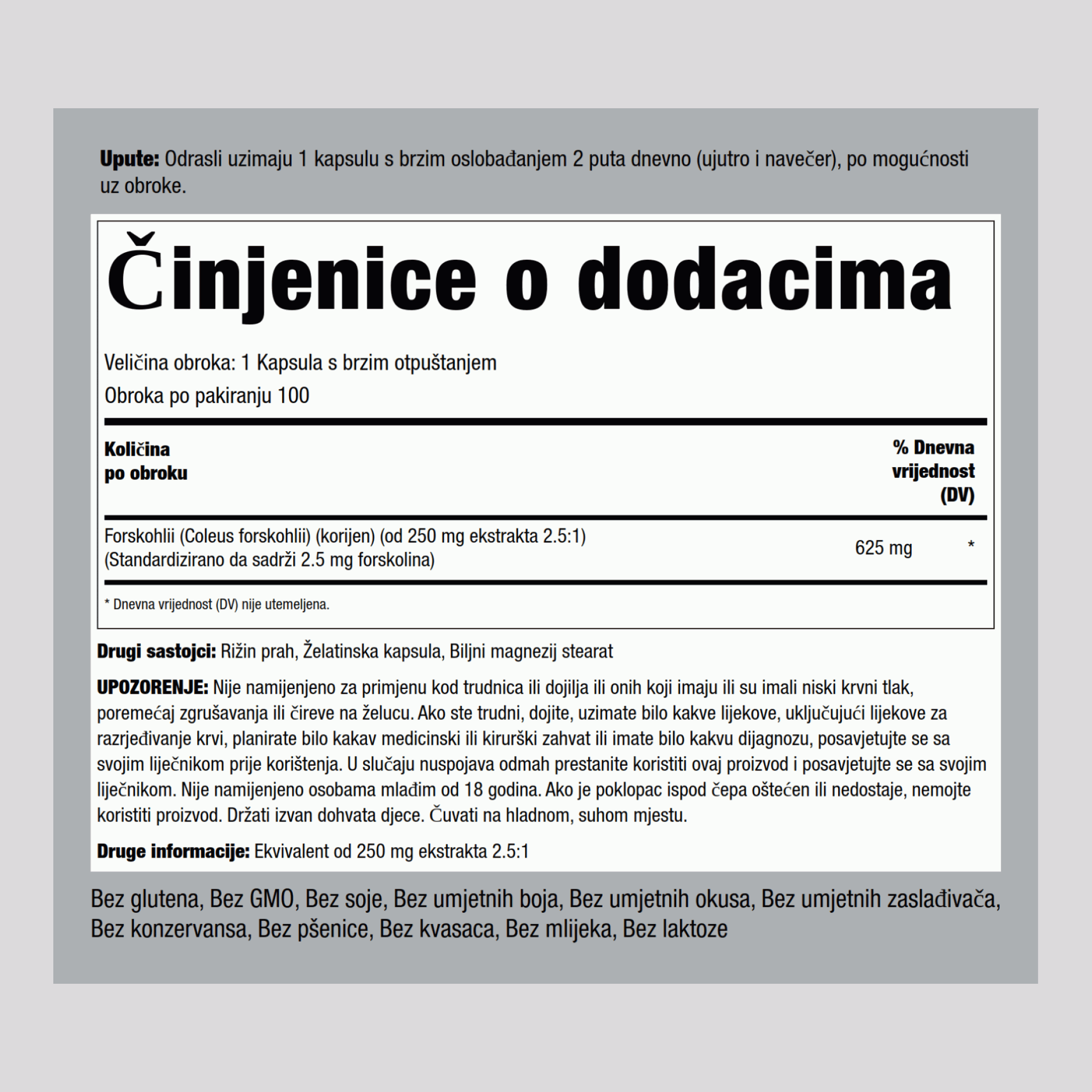 Forskohlii Coleus (standardizirani ekstrakt) 625 mg 100 Kapsule s brzim otpuštanjem     