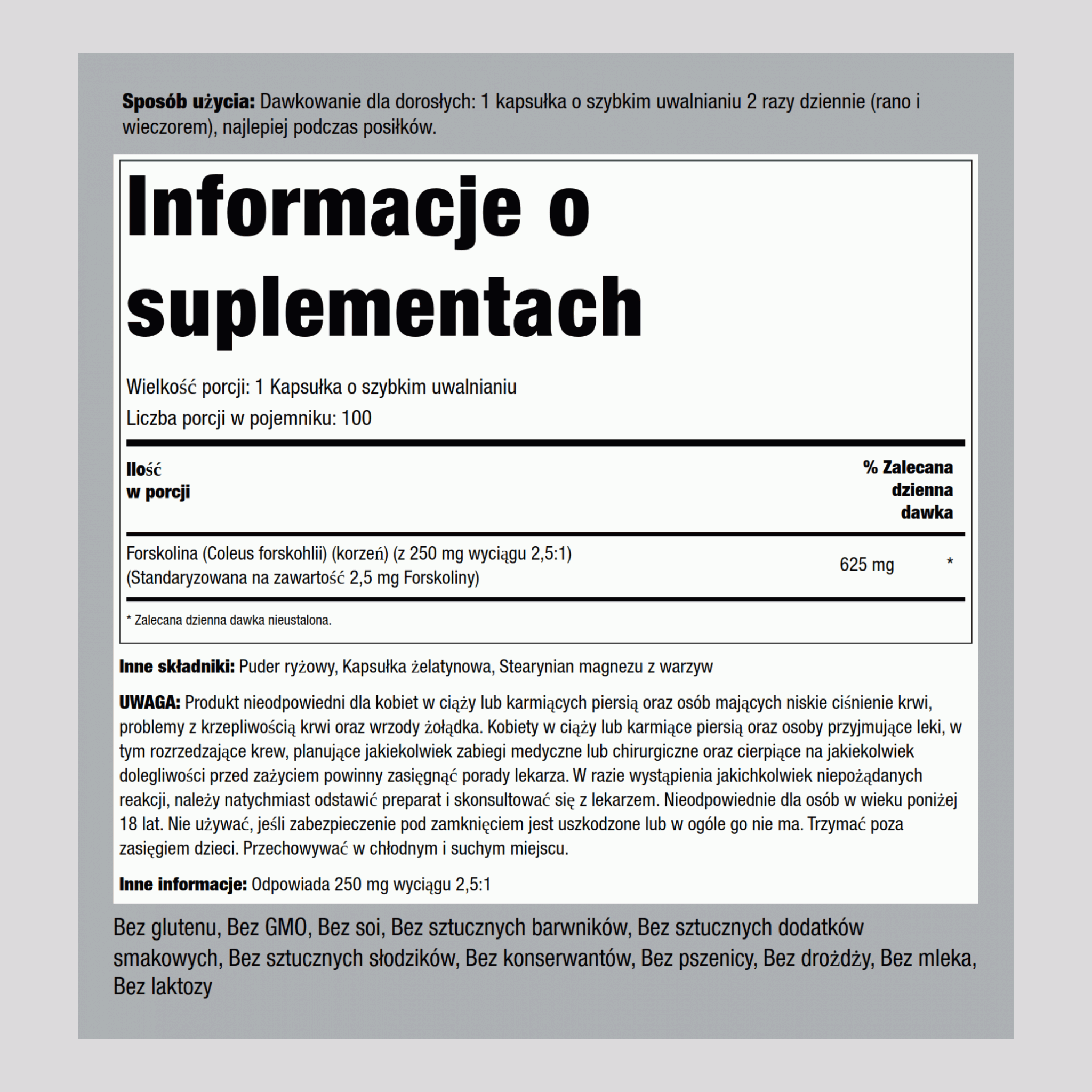 Pokrzywa indyjska (ekstrakt standaryzowany) 625 mg 100 Kapsułki o szybkim uwalnianiu     