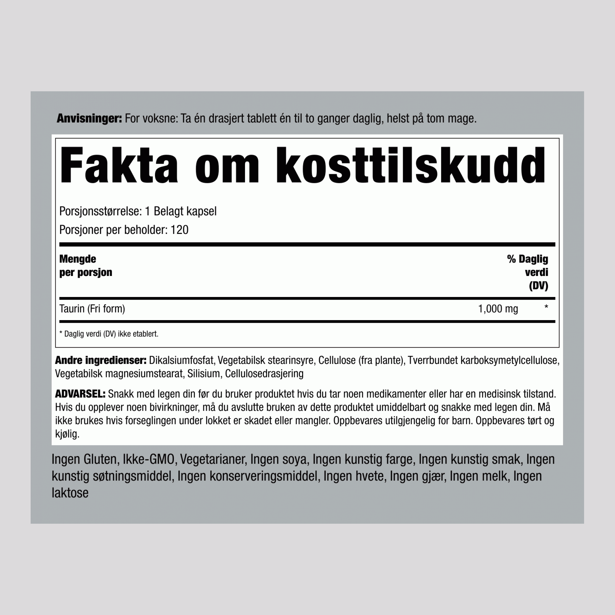 Taurin  1000 mg 120 Belagte kapsler 2 Flasker   