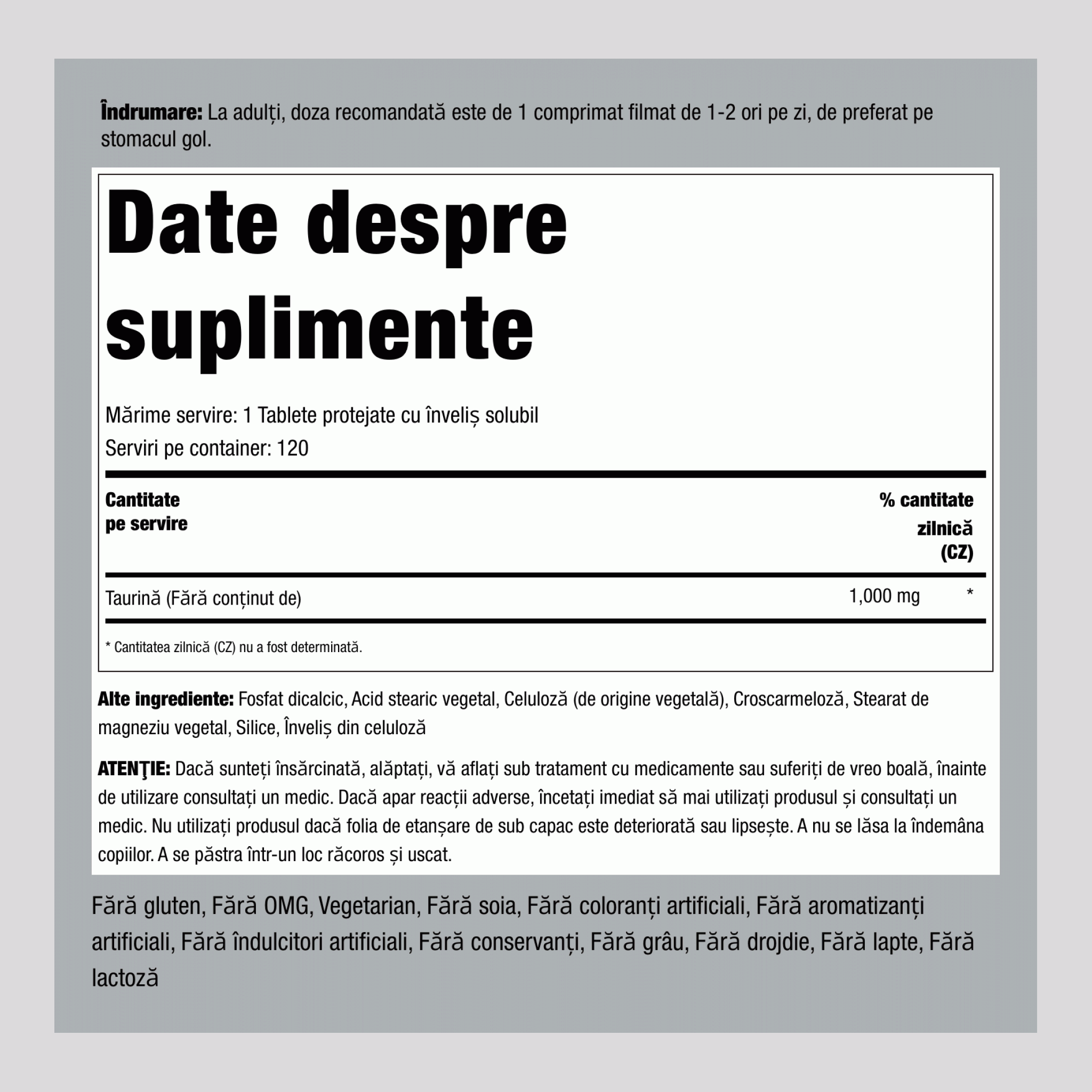 Taurină  1000 mg 120 Tablete cu înveliş solubil protejate 2 Sticle   