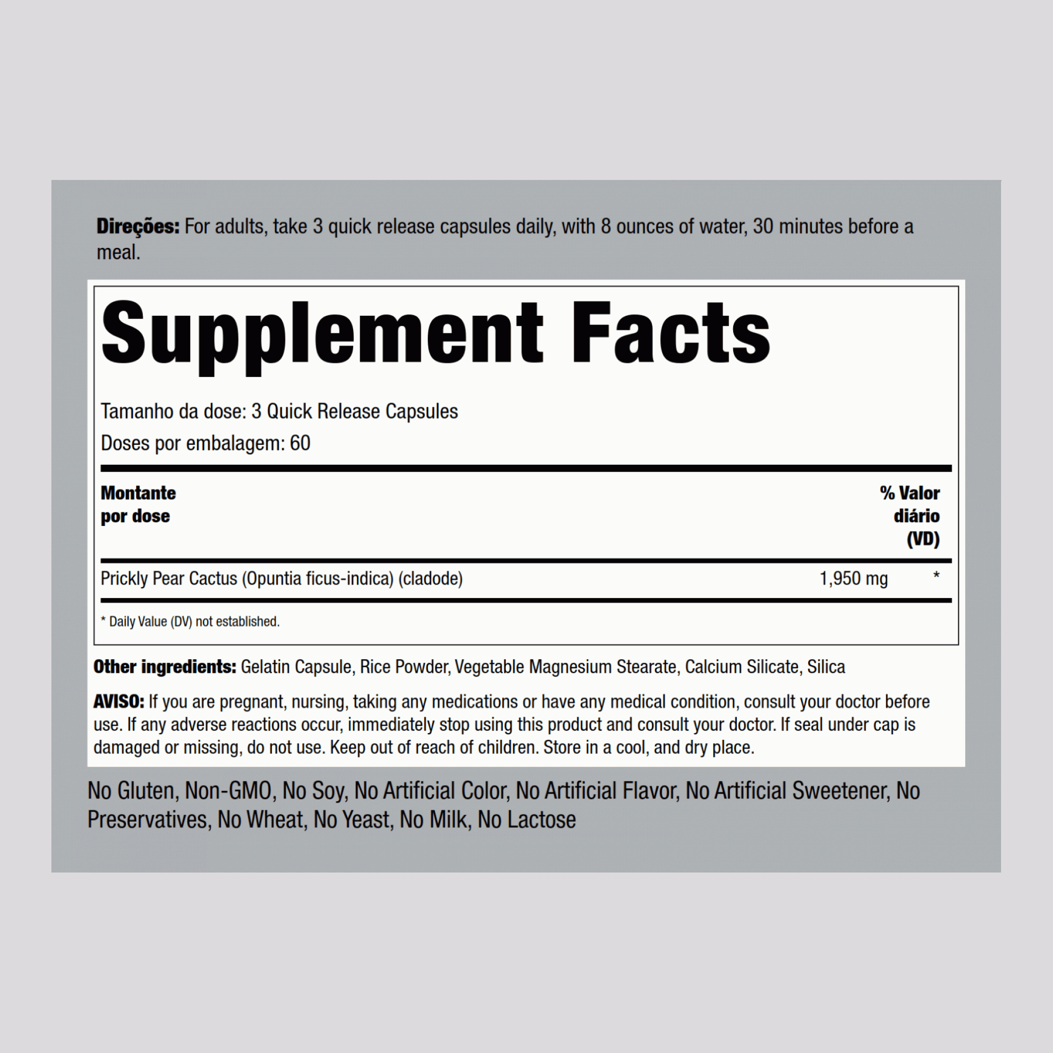 Figo da Índia (Opuntia ficus-indica) 1300 mg (por dose) 180 Cápsulas de Rápida Absorção     