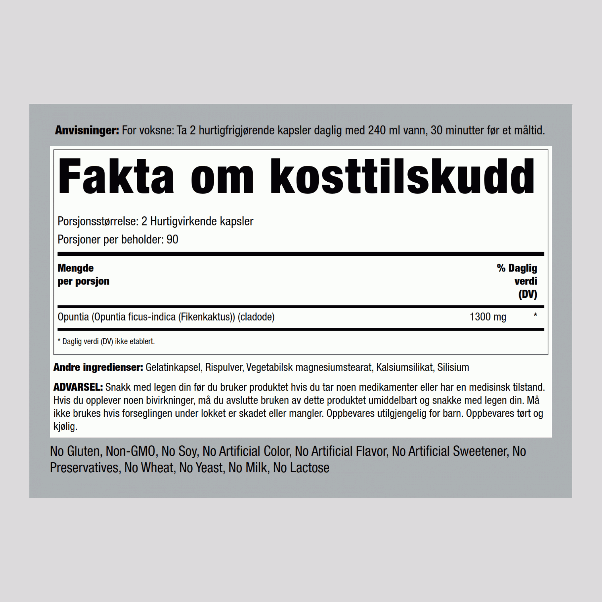 Fiken-/nopalkaktus (Opuntia ficus-indica) 1300 mg (per dose) 180 Hurtigvirkende kapsler     