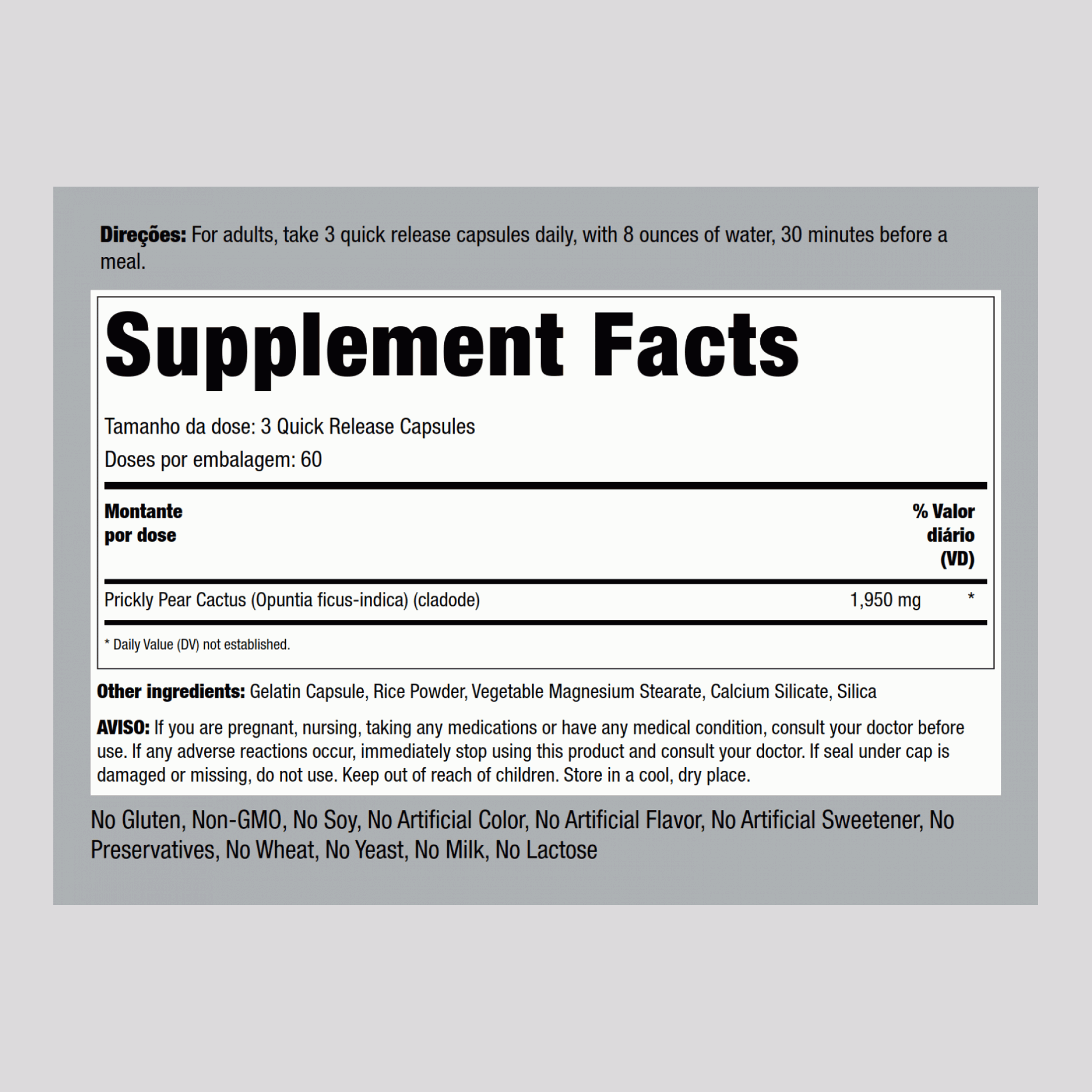 Figo da Índia (Opuntia ficus-indica) 1300 mg (por dose) 180 Cápsulas de Rápida Absorção     