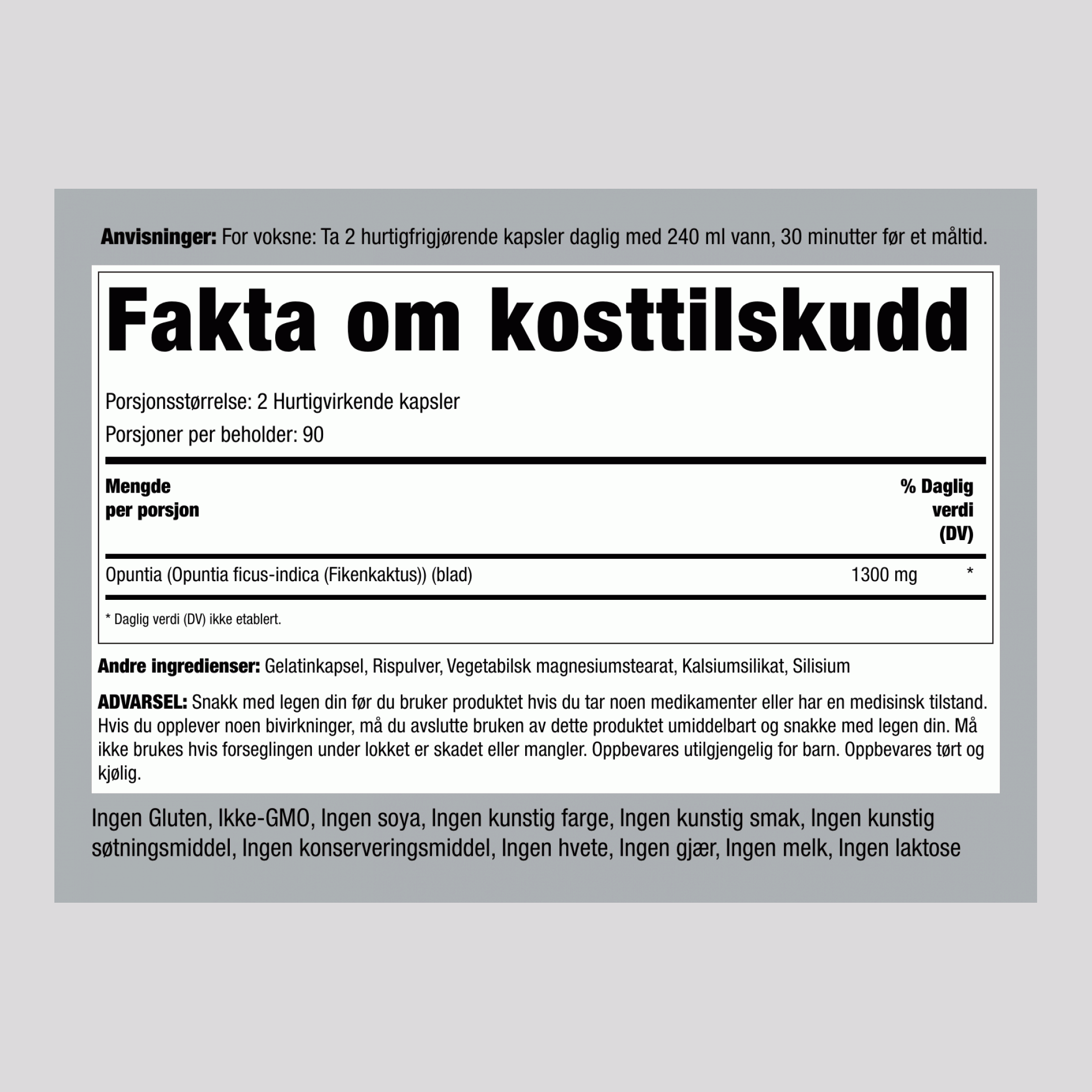 Fiken-/nopalkaktus (Opuntia ficus-indica) 1300 mg (per dose) 180 Hurtigvirkende kapsler 2 Flasker    