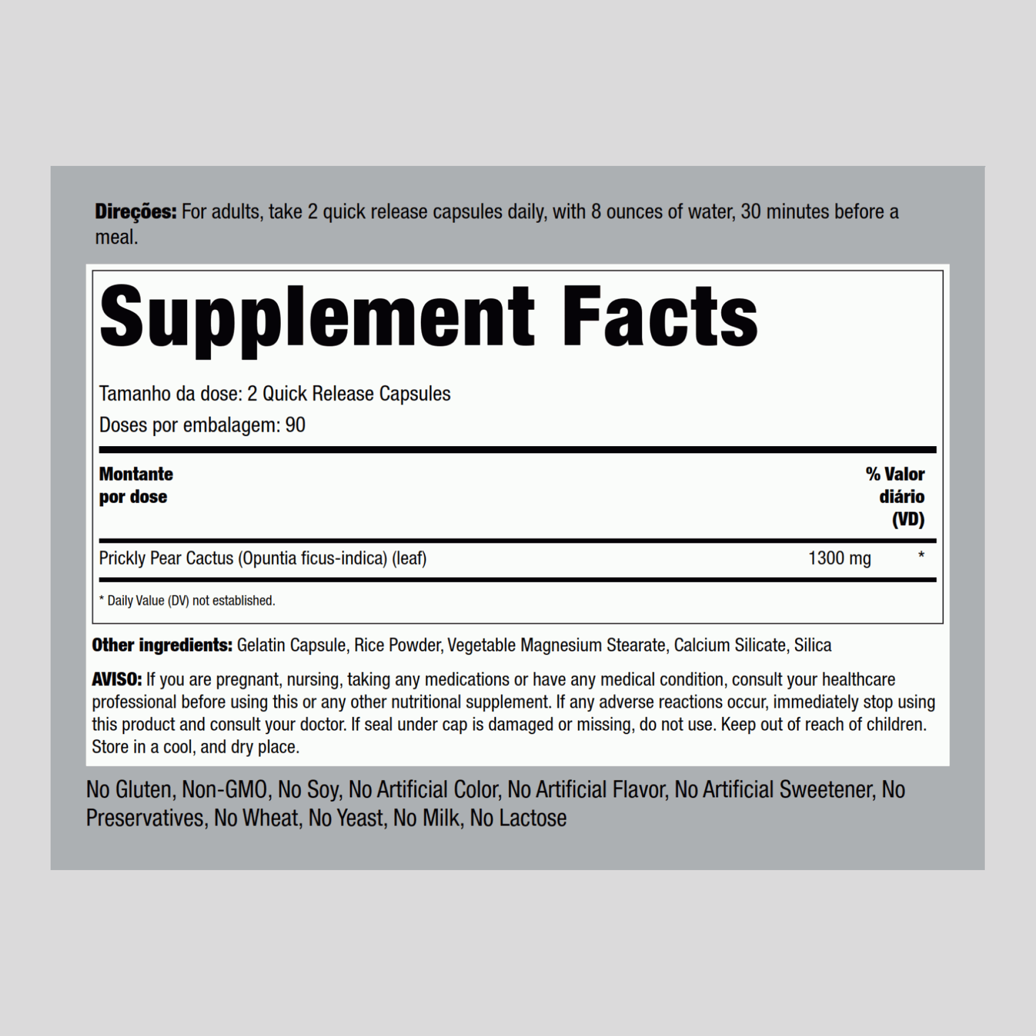 Figue de Barbarie de cactus Nopal (Opuntia ficus-indica) 1300 mg (par portion) 180 Gélules à libération rapide 2 Bouteilles    