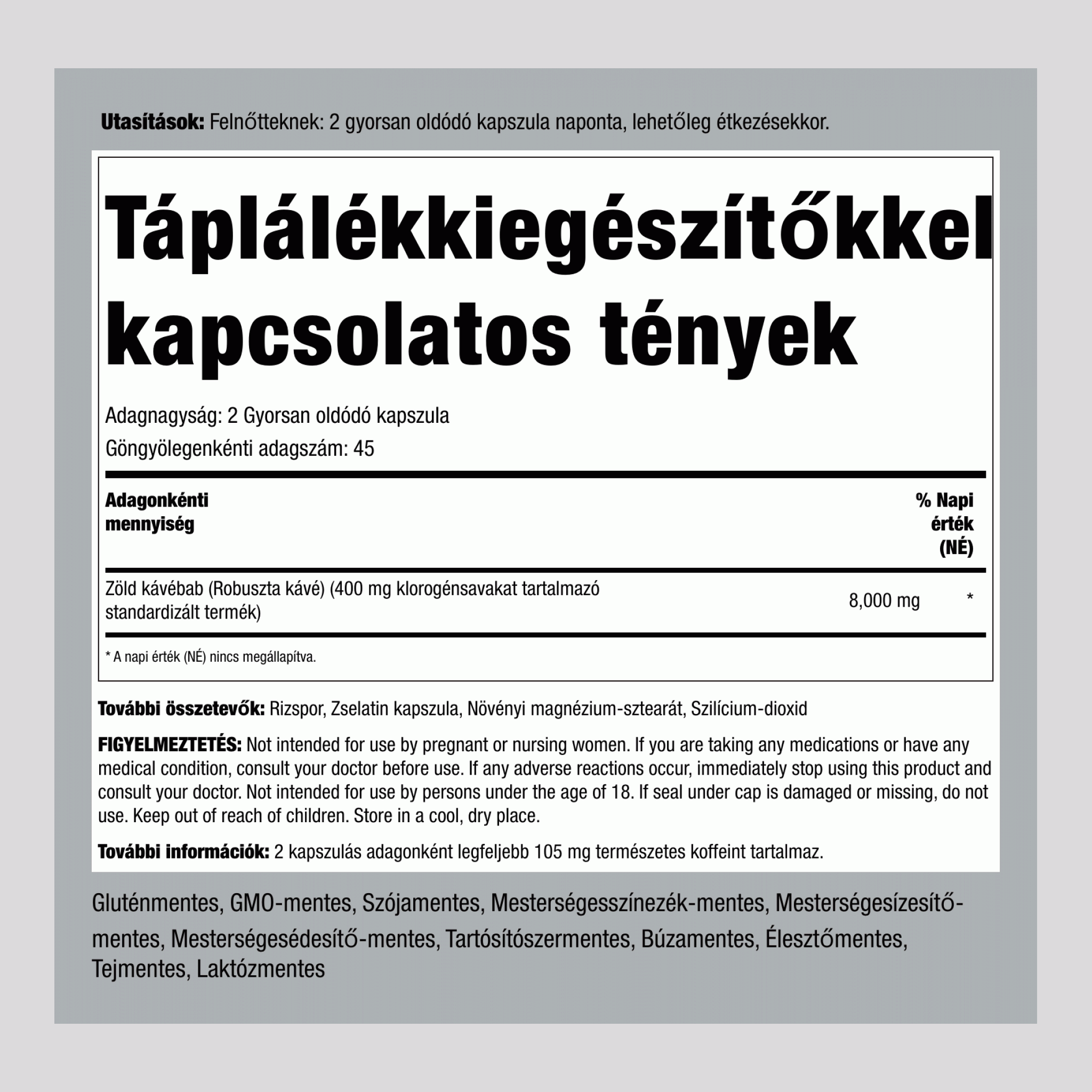 Zöldkávébab-kivonat 400 mg 400 mg 90 Gyorsan oldódó kapszula  