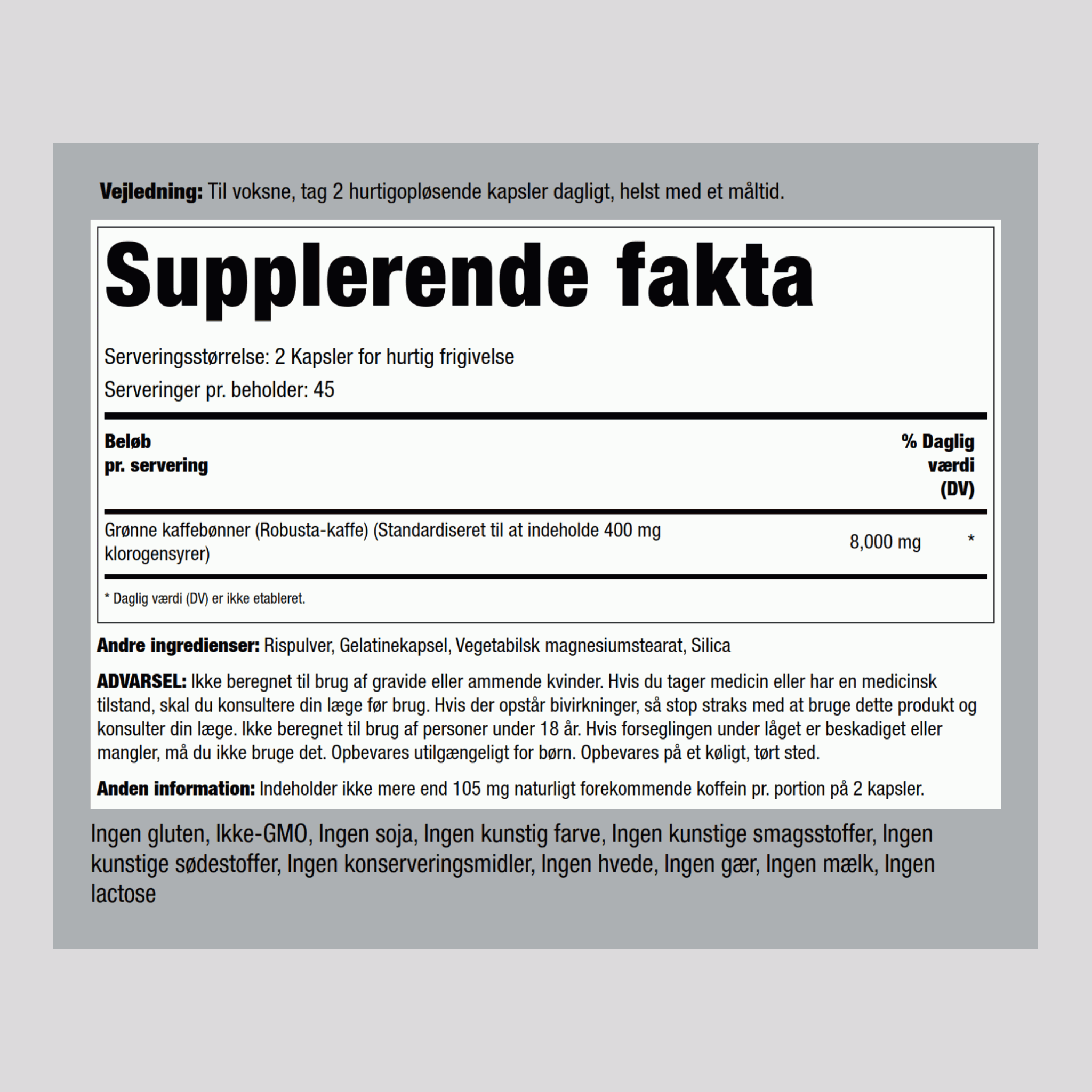 Grøn kaffebønne 50 % chlorogensyre 400 mg 90 Kapsler for hurtig frigivelse     