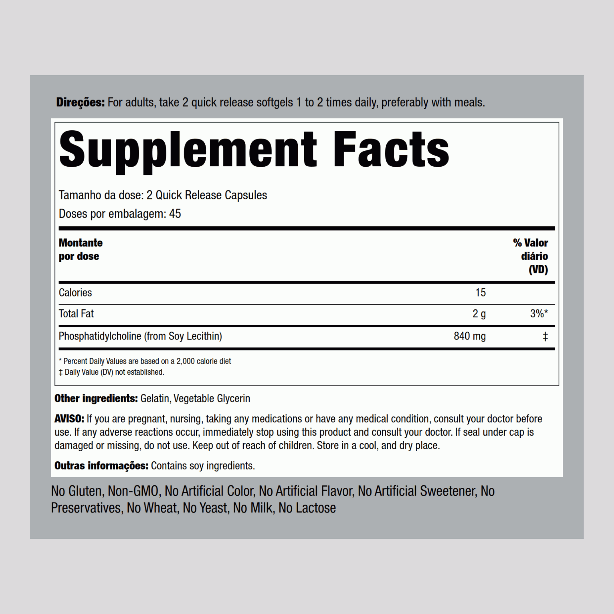 Fosfatidilcolina 840 mg (por dose) 90 Gels de Rápida Absorção  