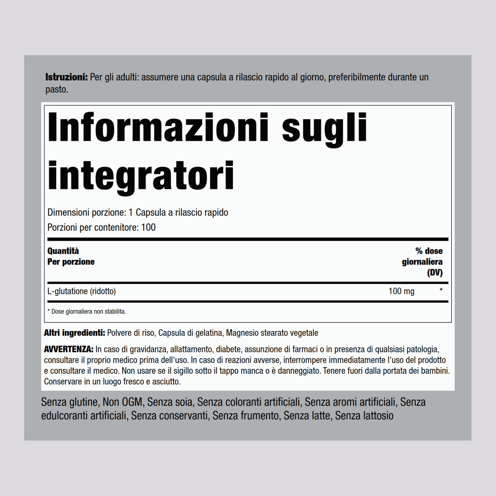 L-glutatione (Ridotto) 100 mg 100 Capsule a rilascio rapido     