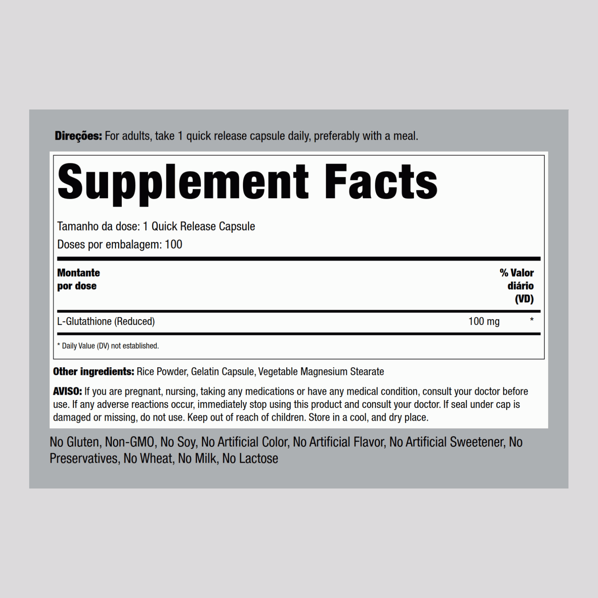 L-glutatião (redução) 100 mg 100 Cápsulas de Rápida Absorção     