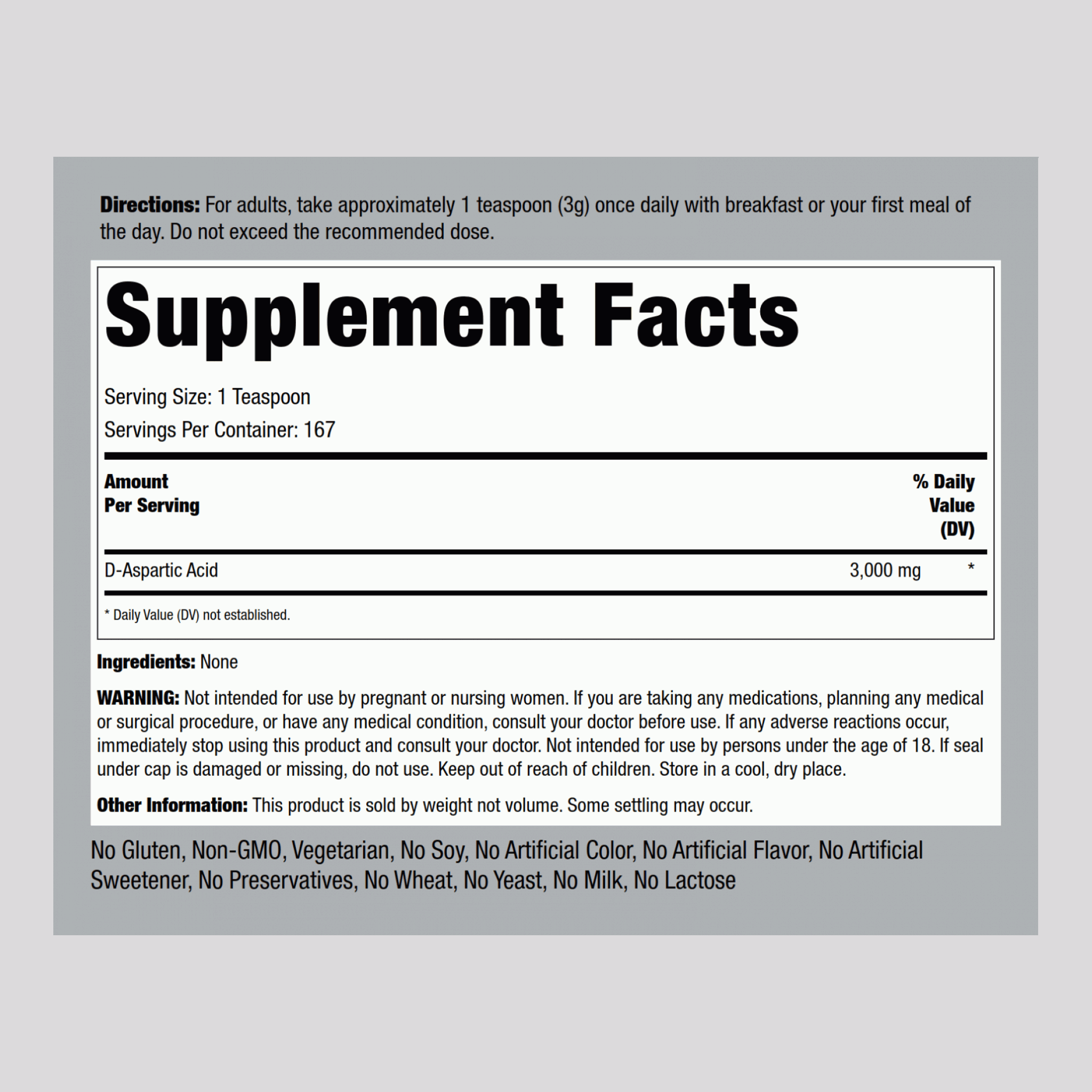 D-天冬氨酸粉 3000 mg 500 g 17.64 oz 酒瓶  