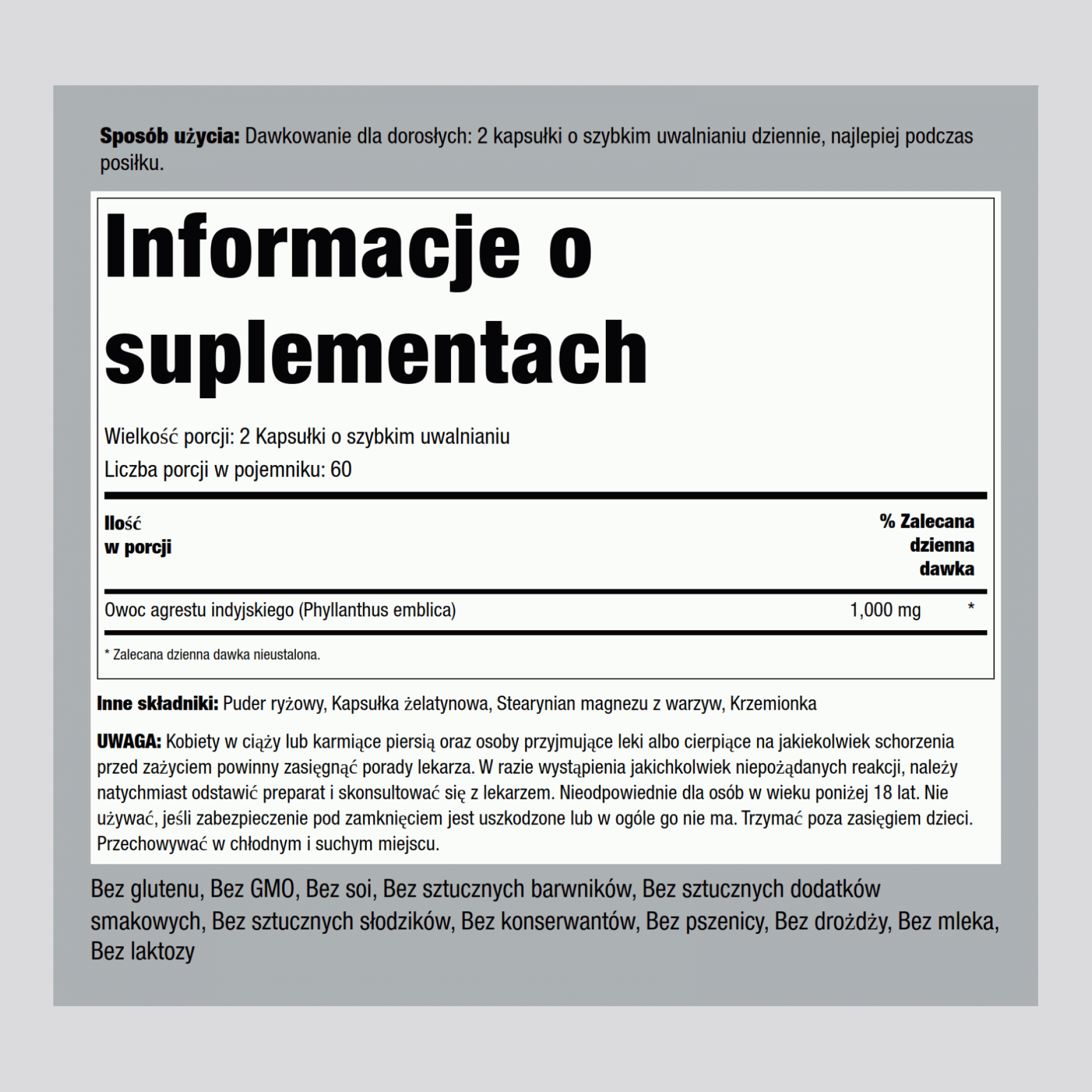 Owoc amla (agrest indyjski) 1,000 mg (na porcję) 120 Kapsułki o szybkim uwalnianiu     