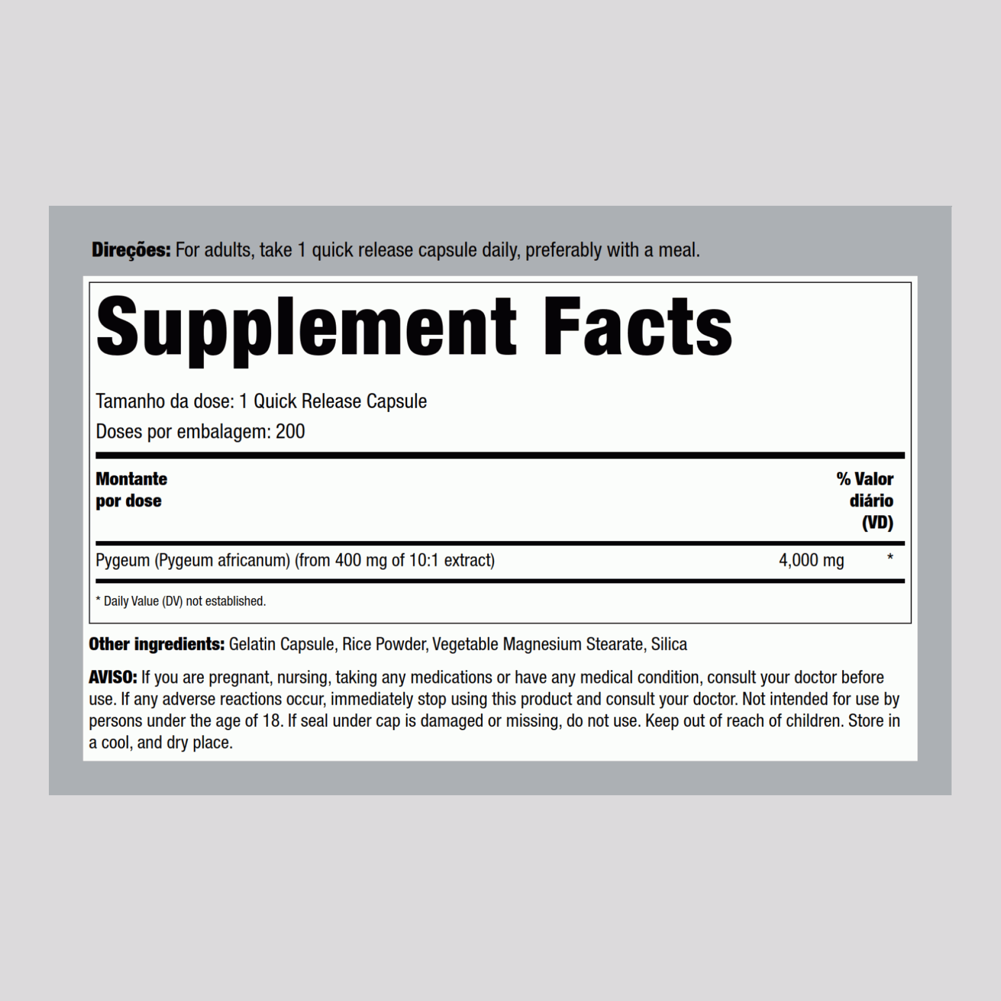 Pygeum  4000 mg 200 Cápsulas de Rápida Absorção 2 Frascos   