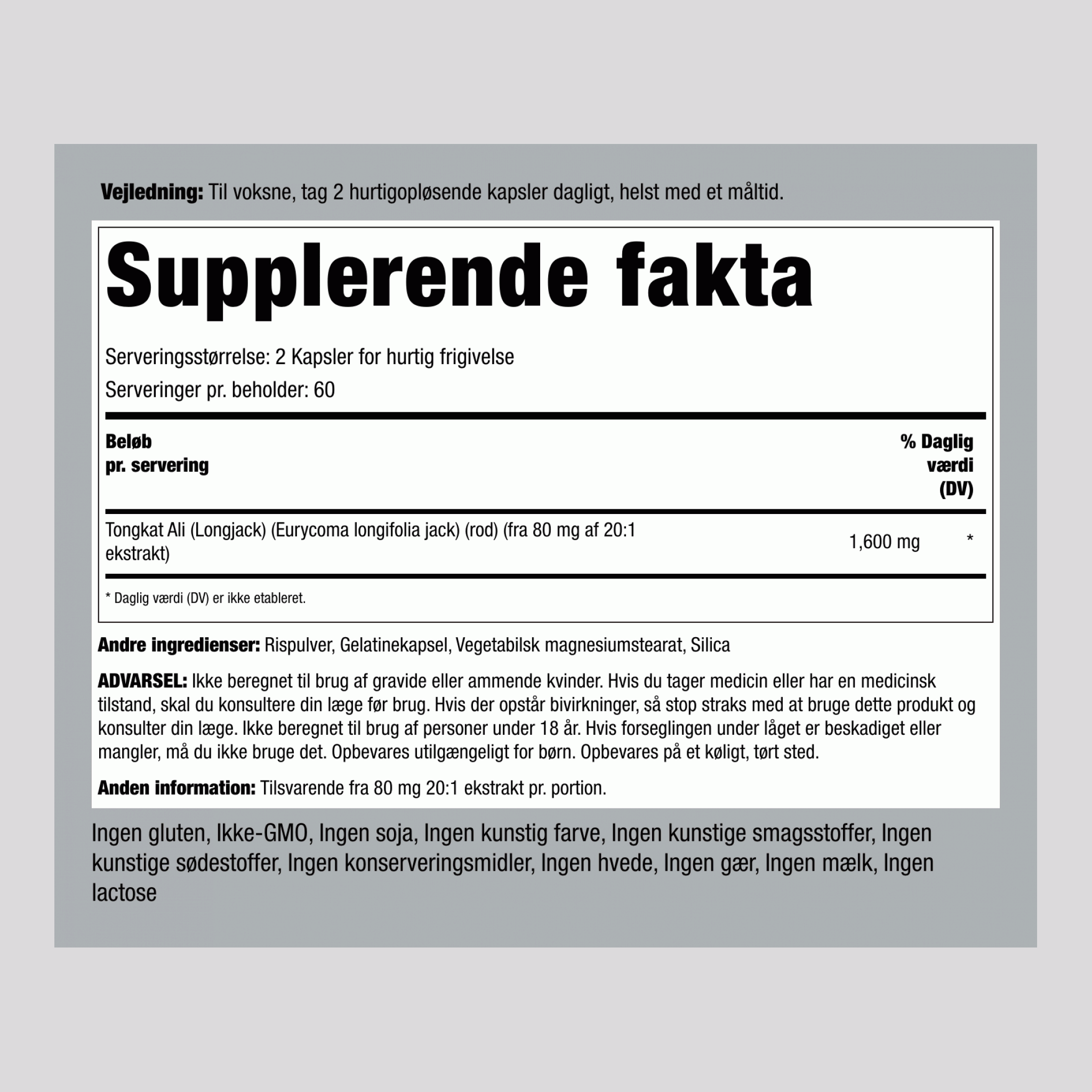 Tongkat Ali Long Jack 1600 mg (pr. dosering) 120 Kapsler for hurtig frigivelse     