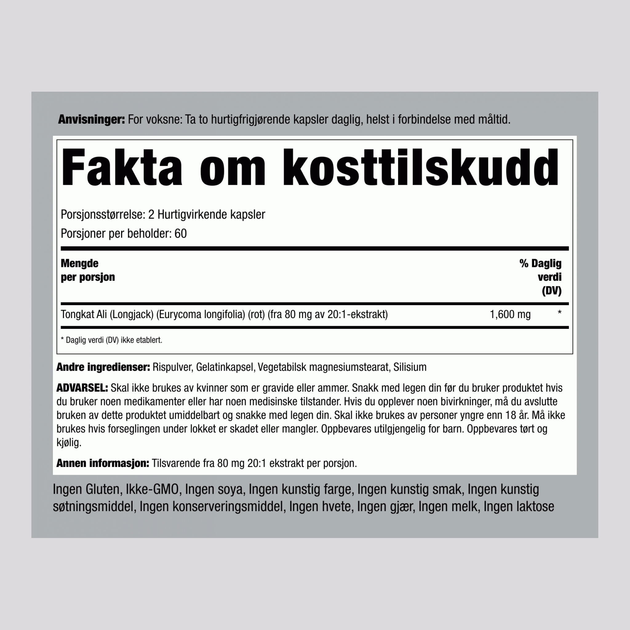 Tongkat Ali Long Jack 1600 mg (per dose) 120 Hurtigvirkende kapsler     