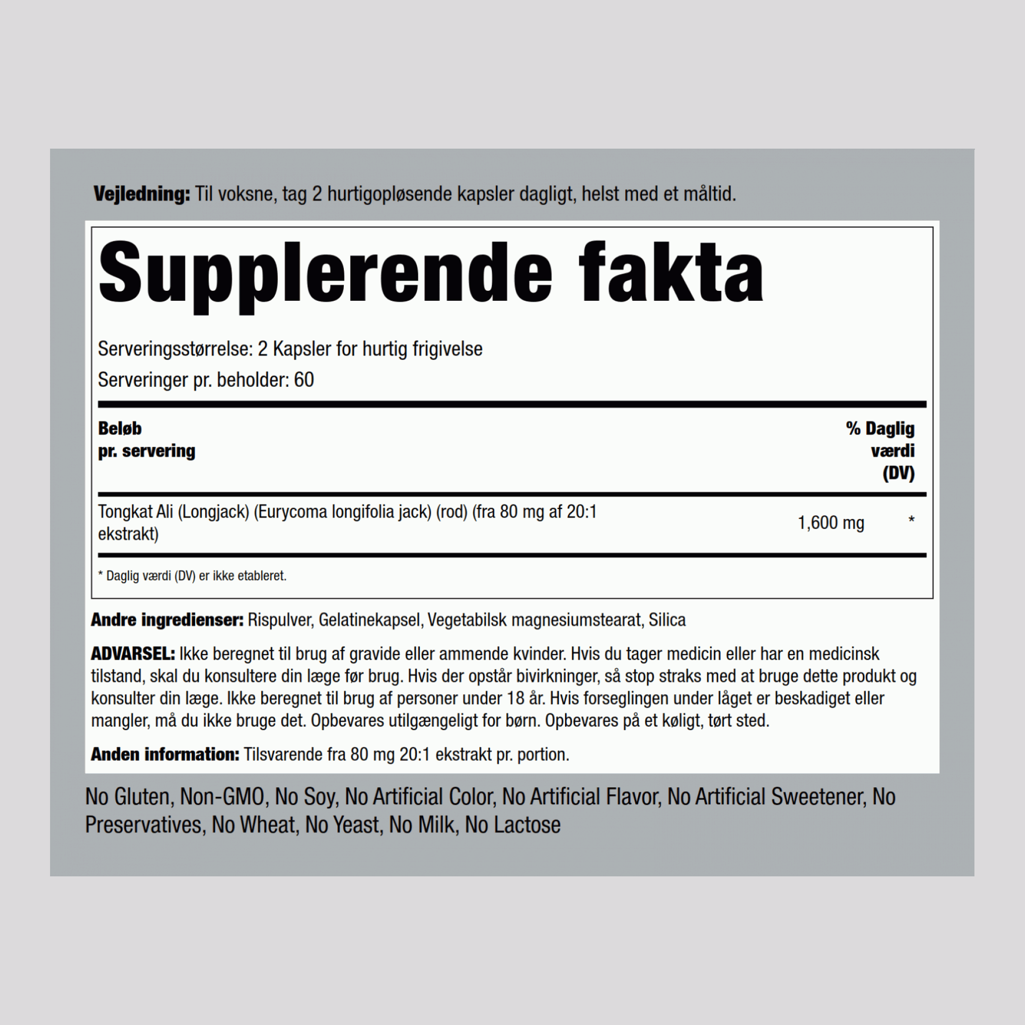 Tongkat Ali Long Jack 1600 mg (pr. dosering) 120 Kapsler for hurtig frigivelse     