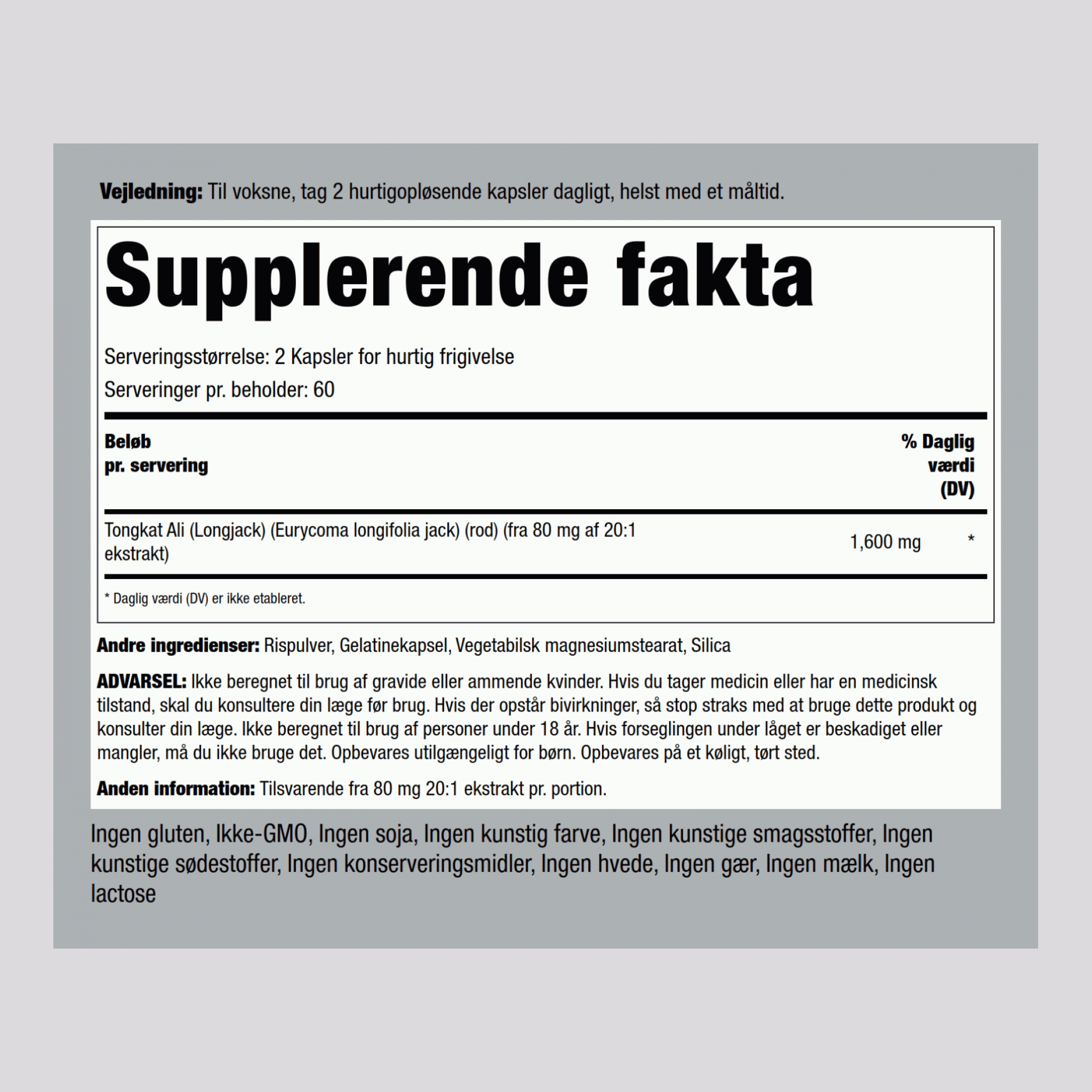 Tongkat Ali Long Jack 1600 mg (pr. dosering) 120 Kapsler for hurtig frigivelse     