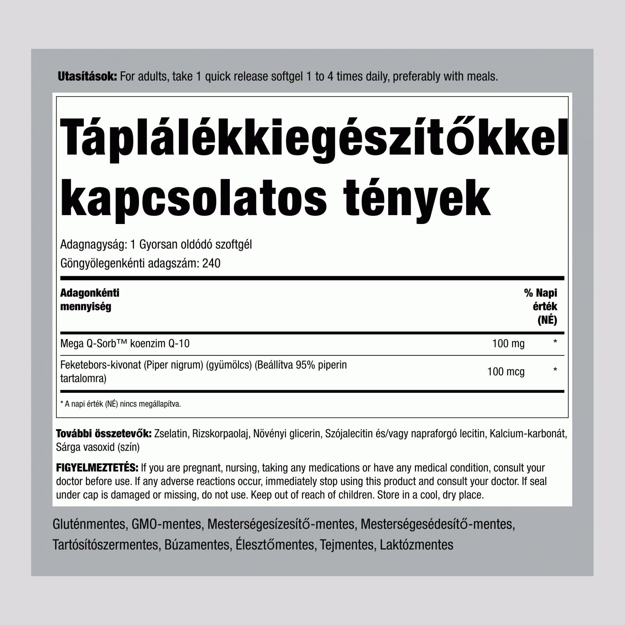Q10 koenzim 100 mg 240 Gyorsan oldódó szoftgél     
