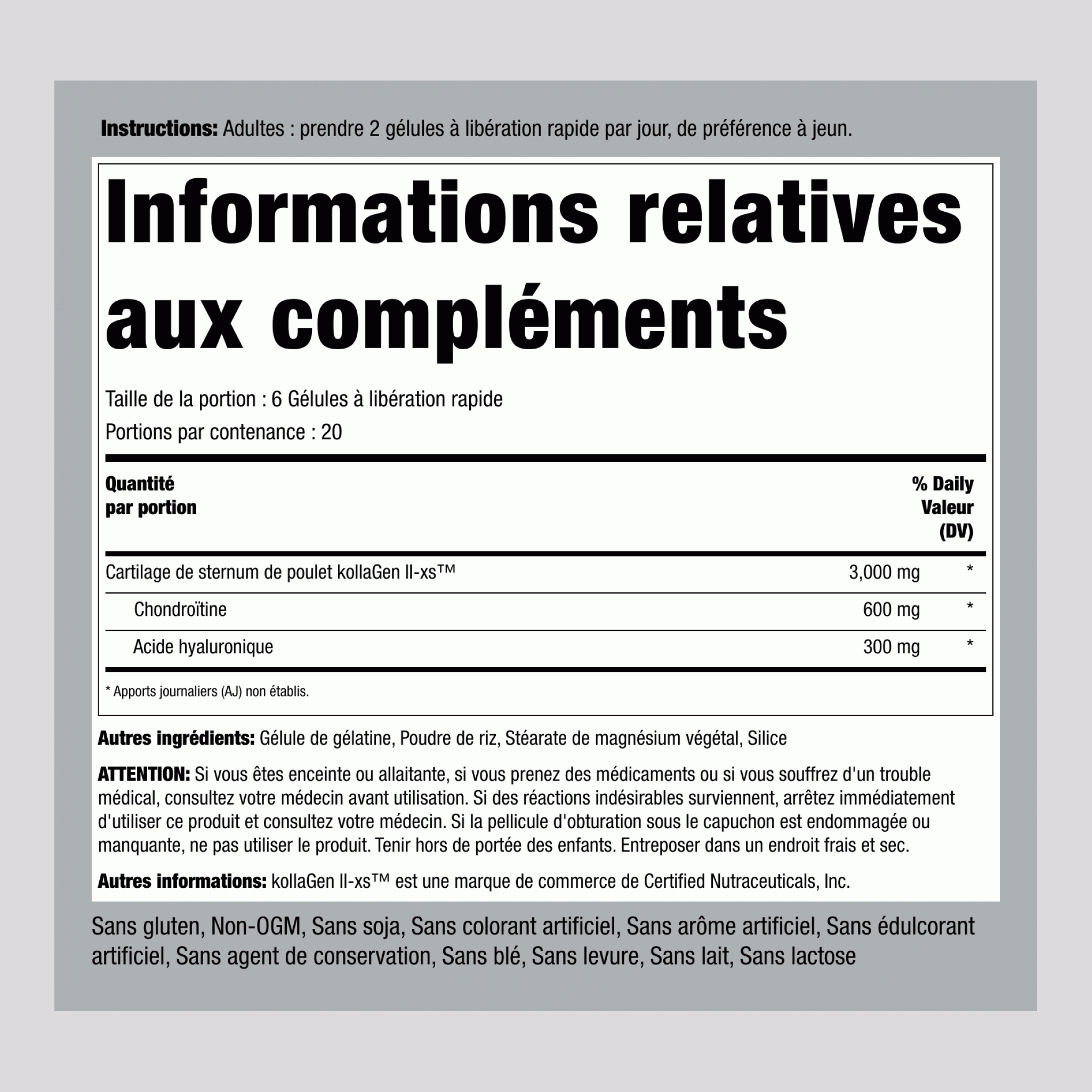 Collagène de volaille de Type II avec acide Hyaluronique 3000 mg (par portion) 120 Gélules à libération rapide     