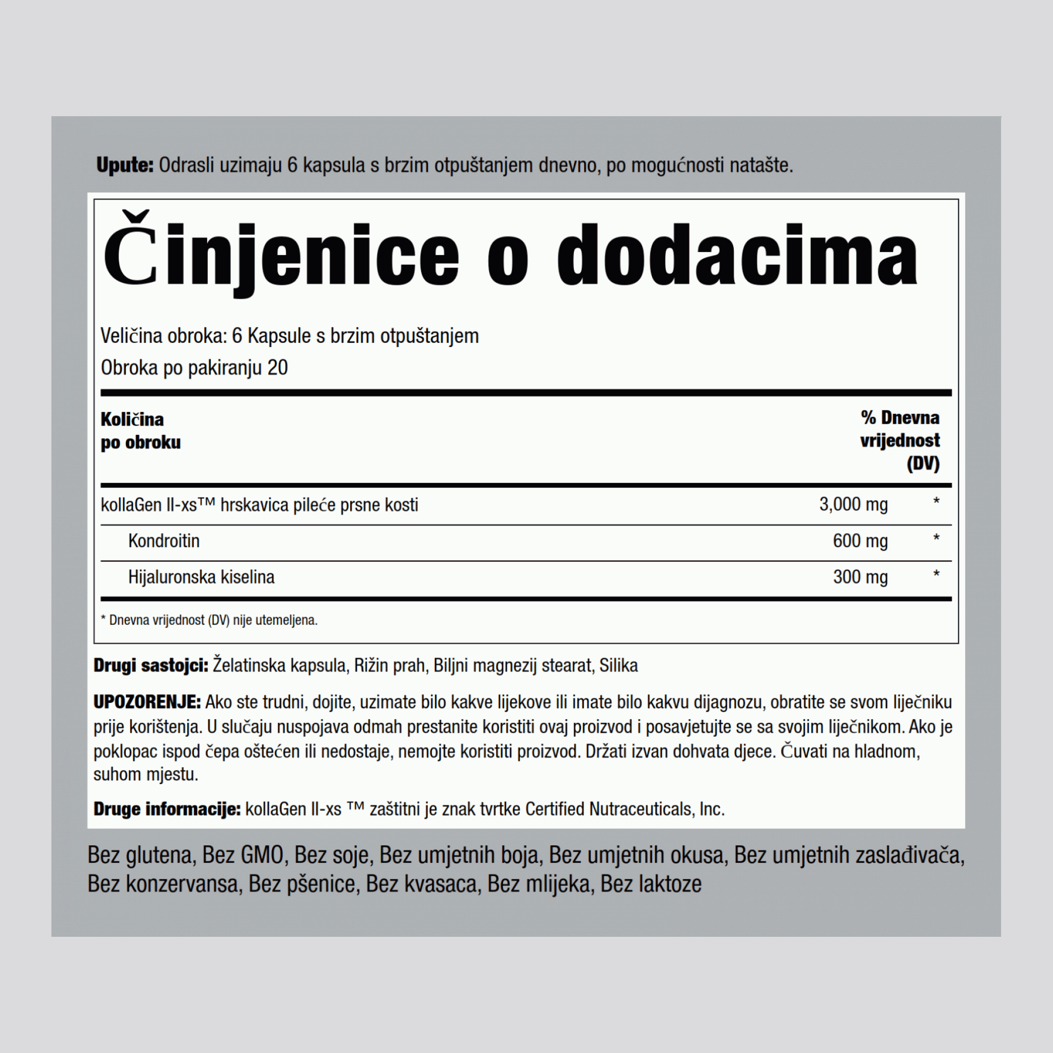 Kokošji kolagen Tip II s hijaluronskom kiselinom 3000 mg (po obroku) 120 Kapsule s brzim otpuštanjem     