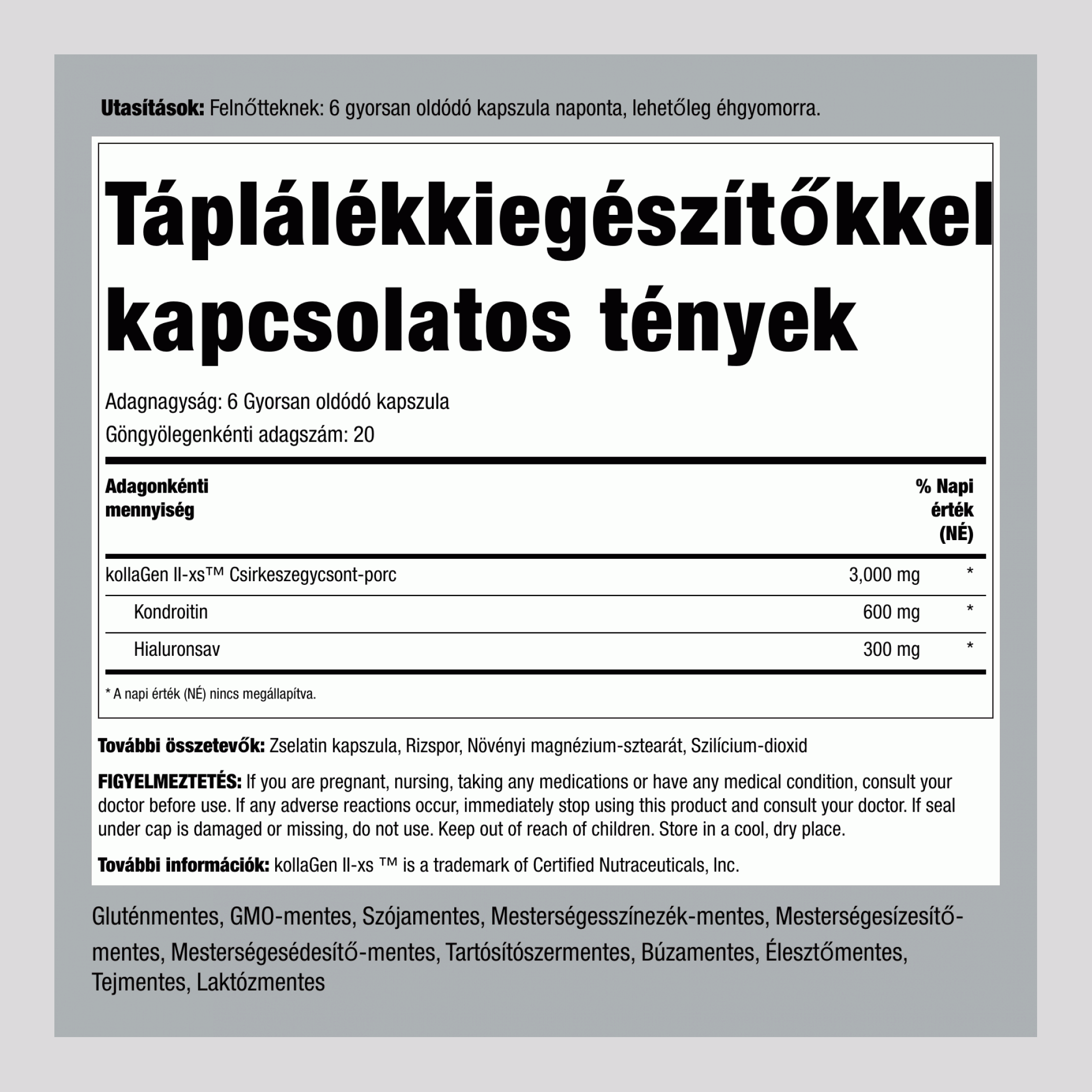 Csirkekollagén II típus hialuronsavval 3000 mg (adagonként) 120 Gyorsan oldódó kapszula     