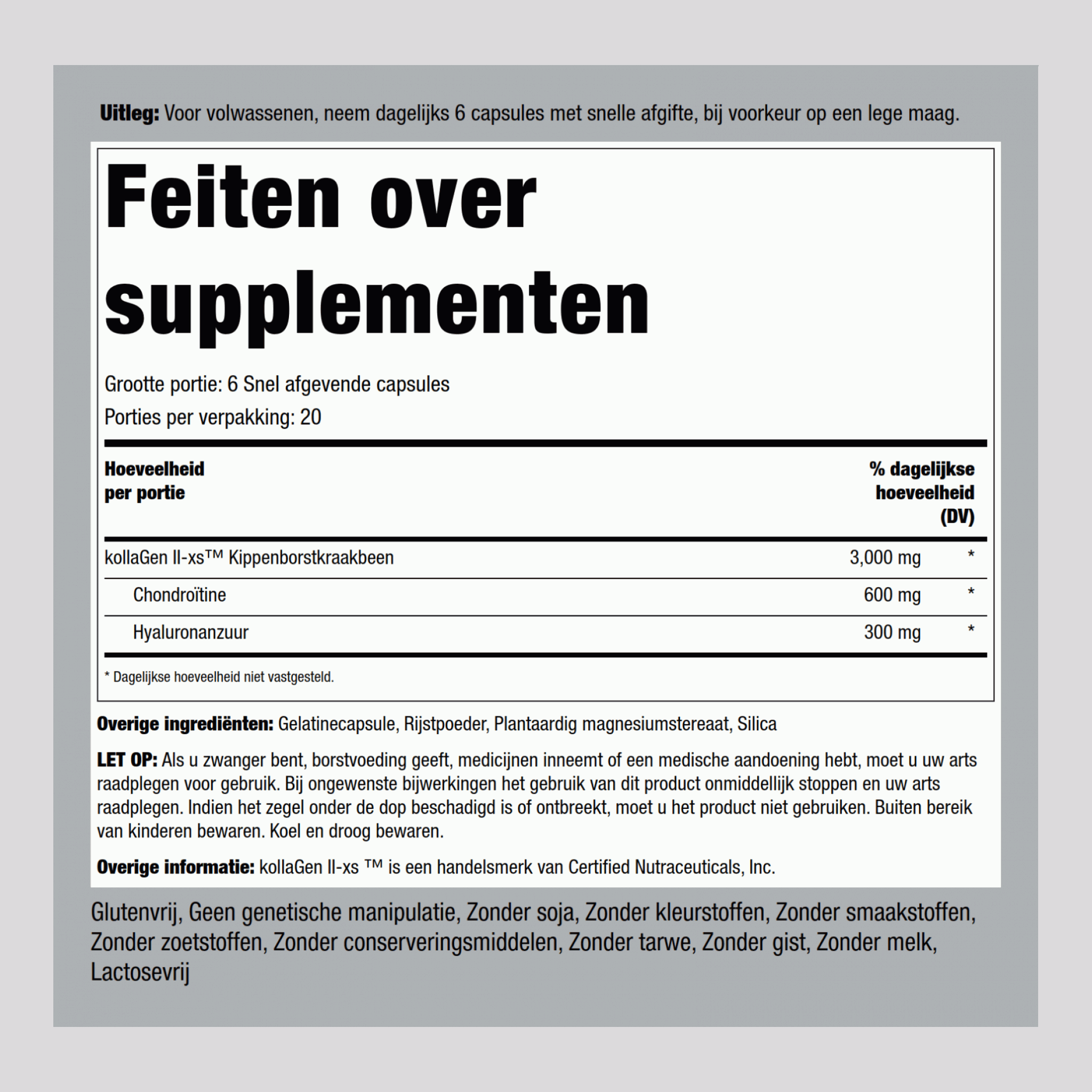 Kipcollageen Type II met hyaluronzuur 3000 mg (per portie) 120 Snel afgevende capsules     
